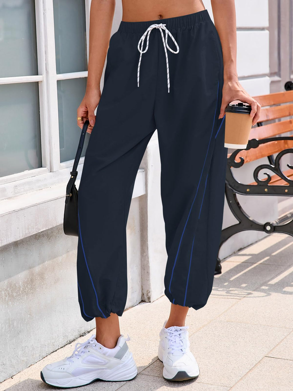 Fisoew Womens Baggy Wide Leg Pants Casual Elastic Waist Drawstring Hiking Workout Cropped Track Pants with Pockets Navy