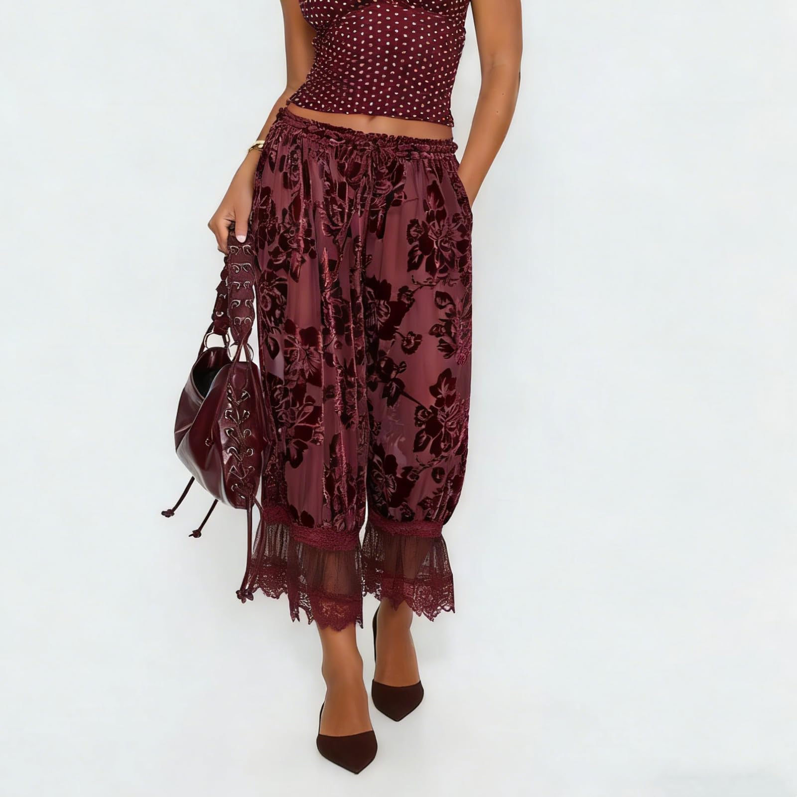 Women Lace Trim Long Bloomers Y2k Elastic Mid Rise Floral Ruffle Pantaloons Flared Slips Pants Pajama Bottoms (Fuchsia, L)