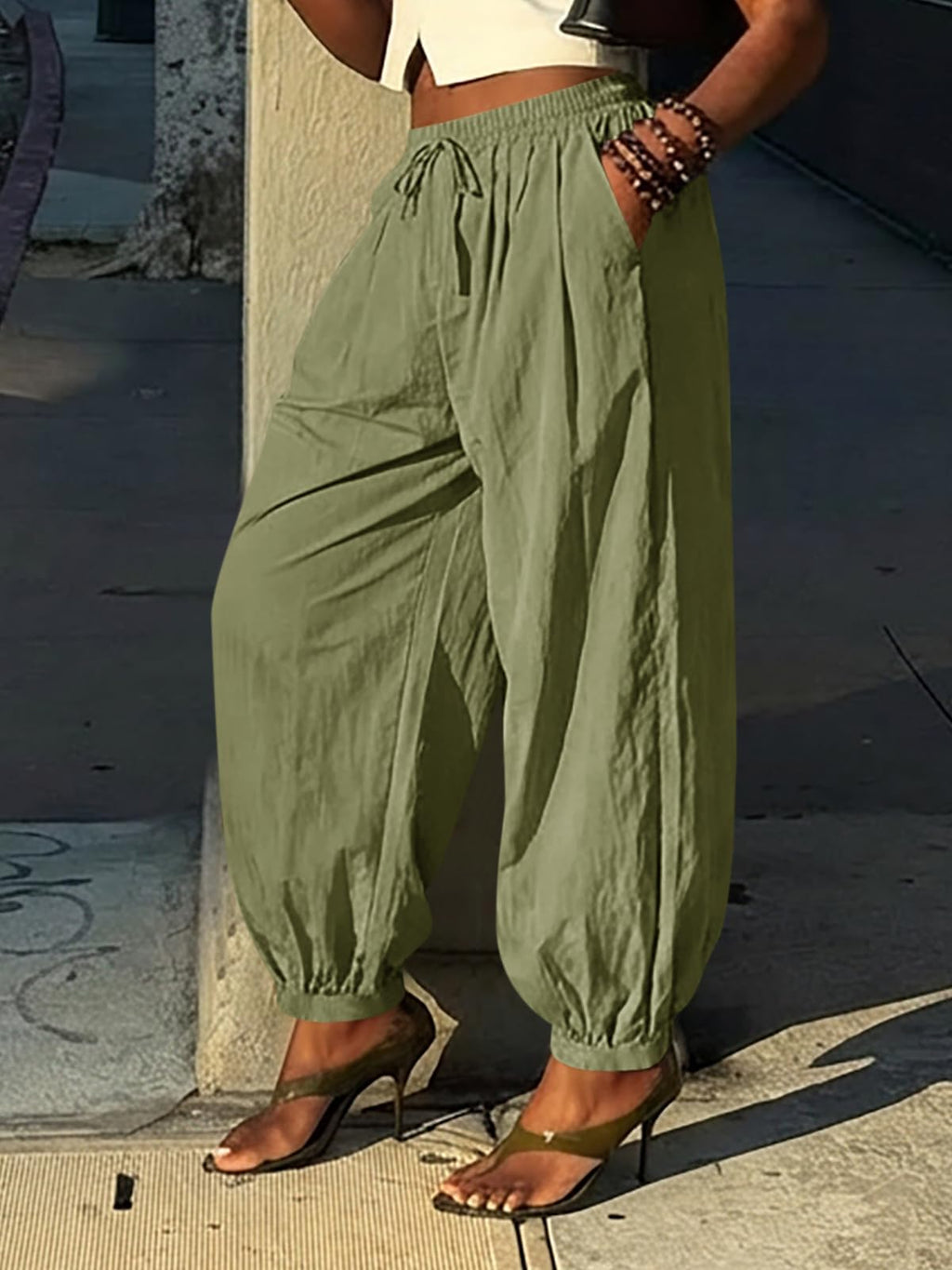 Cicy Bell Womens Baggy Pleated Harem Pants Summer Elastic High Waisted Wide Leg Balloon Cotton Lounge Pants Army Green