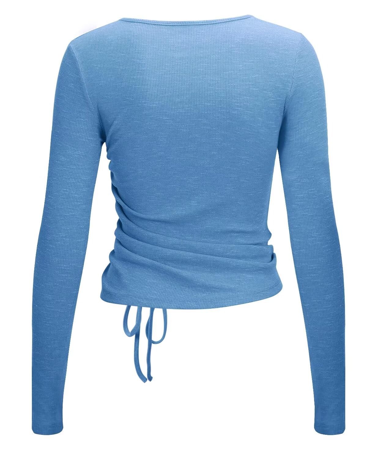 Long Sleeve Workout Tops for Women Side Ruched(Blue,L)