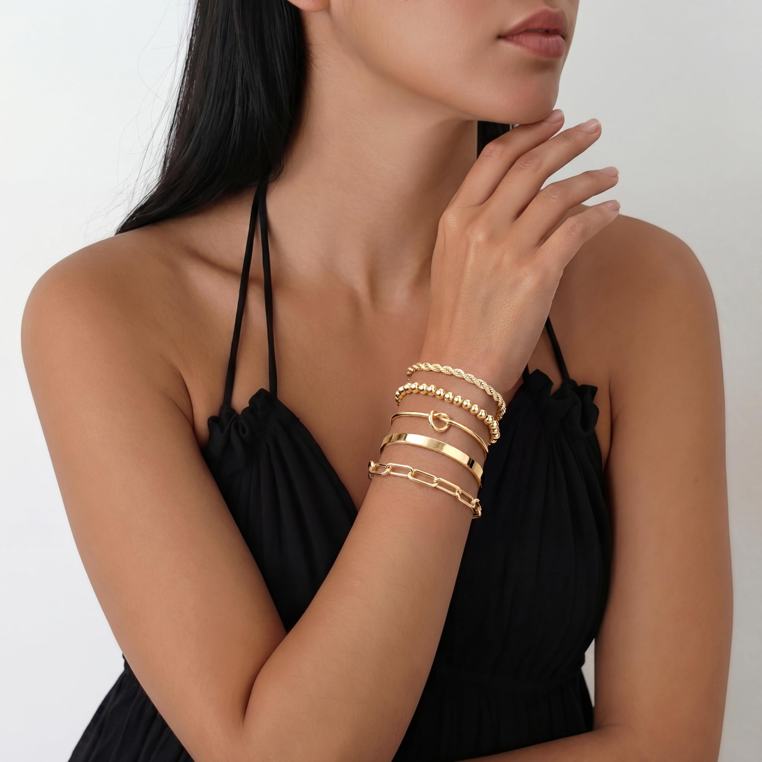 Gokeey Gold Cuff Bracelets for Women Trendy Waterproof, 14K Gold Plated Chunky Gold Bangles Beaded Bracelet for Women Fashion Accessories, Stackable Rope Forever Love Knot Infinity Paperclip Cuban Twist Bracelets Stack Set Bold Vintage Statement Jewelry
