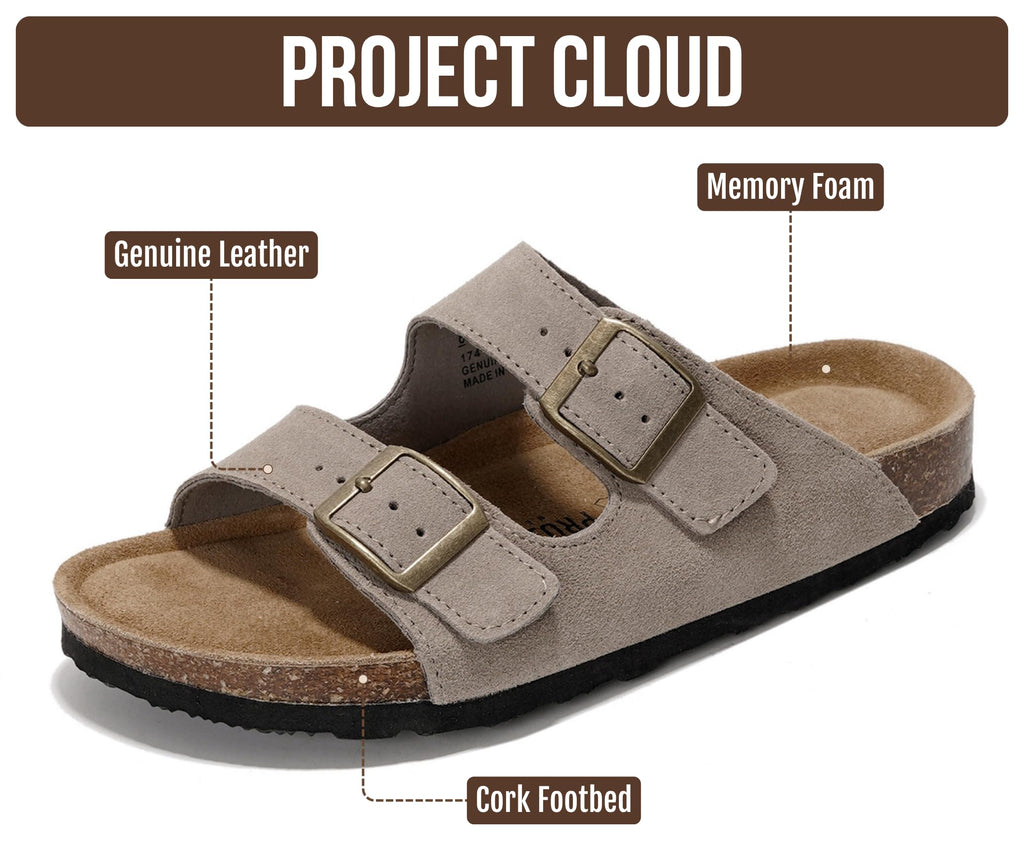 Project Cloud 100% Genuine Leather Flat Sandals For Women 2026 Cork Footbed Womens Sandals with Memory Foam and arch support Vacation Essentials Slides for Women Footwear (Venita, greysu, 11)
