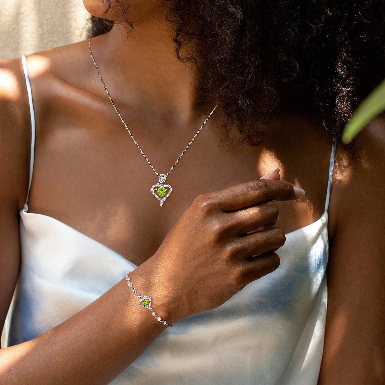 AGVANA August Birthstone Jewelry Peridot Necklace for Women Sterling Silver Rose Flower Heart Pendant Necklace Fine Jewelry Anniversary Birthday Gifts for Women Mom Wife Lady Her