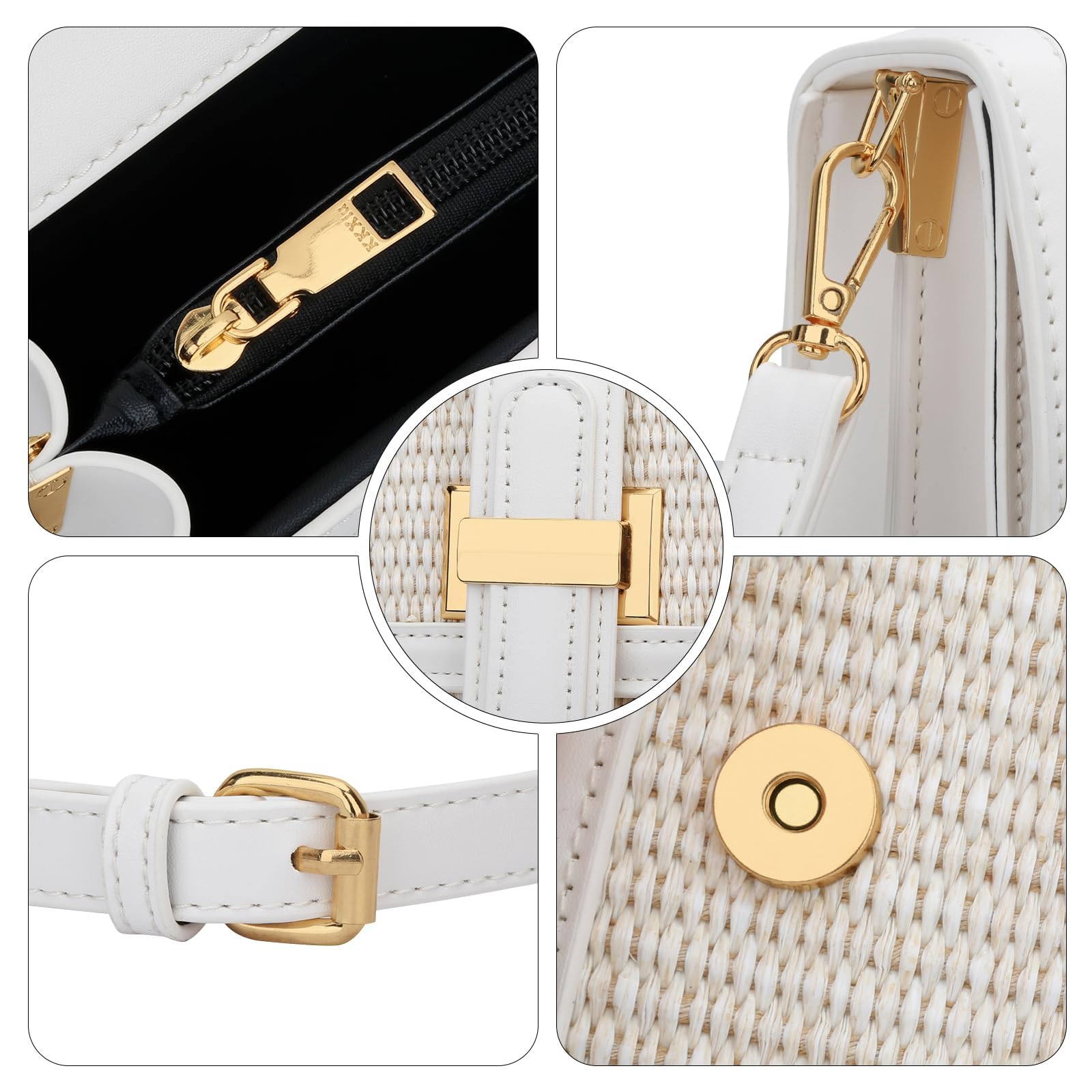 KKXIU Top Handle Straw Purse for Women, Summer Straw Crossbody Bag, Handbag Shoulder Clutch Beach Vacation Bag (A-White)