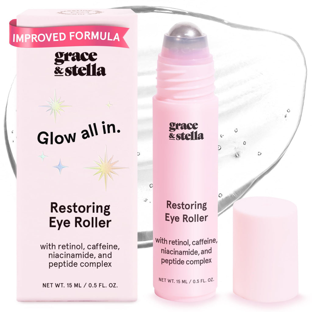 grace & stella Under Eye Brightener Roller - Airplane Travel Essentials - Travel Size Toiletries - Retinol & Caffeine Eye Serum for Puffiness, Dark Circles, Wrinkles - Vegan Skincare (15ml / 0.51floz)