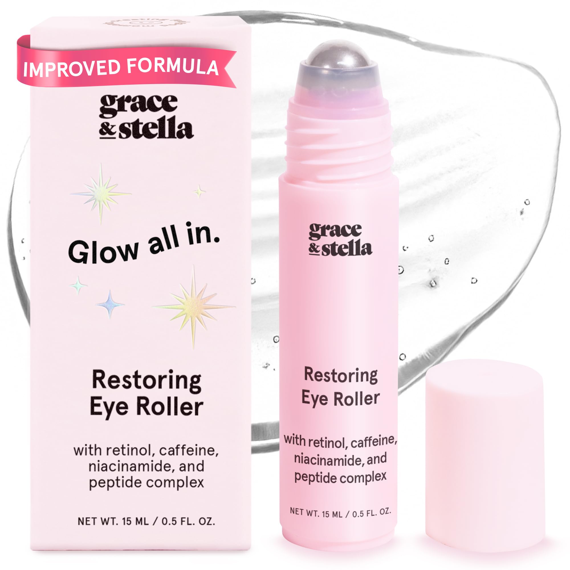 grace & stella Under Eye Brightener Roller - Airplane Travel Essentials - Travel Size Toiletries - Retinol & Caffeine Eye Serum for Puffiness, Dark Circles, Wrinkles - Vegan Skincare (15ml / 0.51floz)