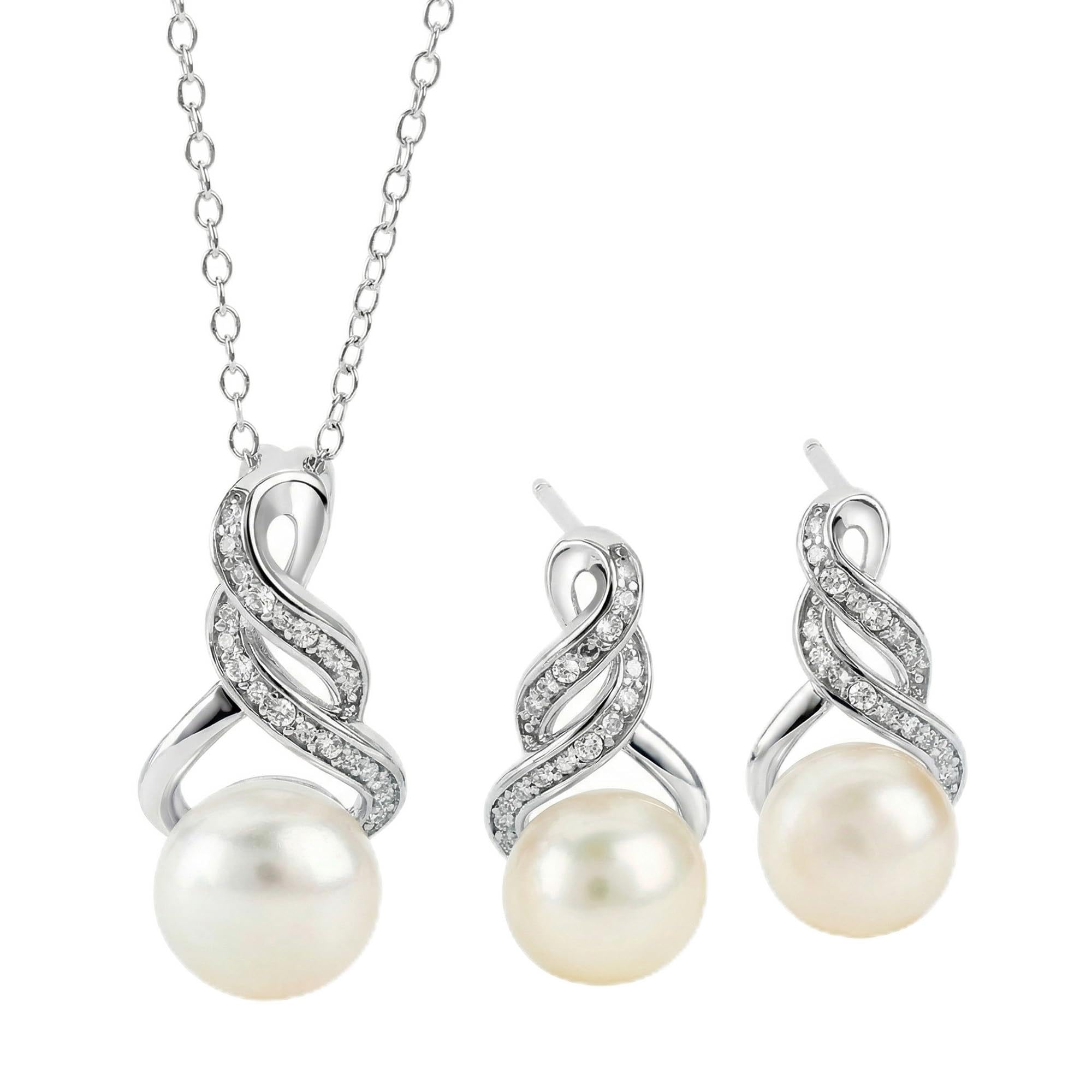 Real Diamond Sterling Silver Pearl Necklace and Earring Set | Hypoallergenic Real Cultured Freshwater Pearl Jewelry Set with 18 Inch Silver Chain | Diamond Bridal Bridesmaid Set for Women with Gift Box by MAX + STONE