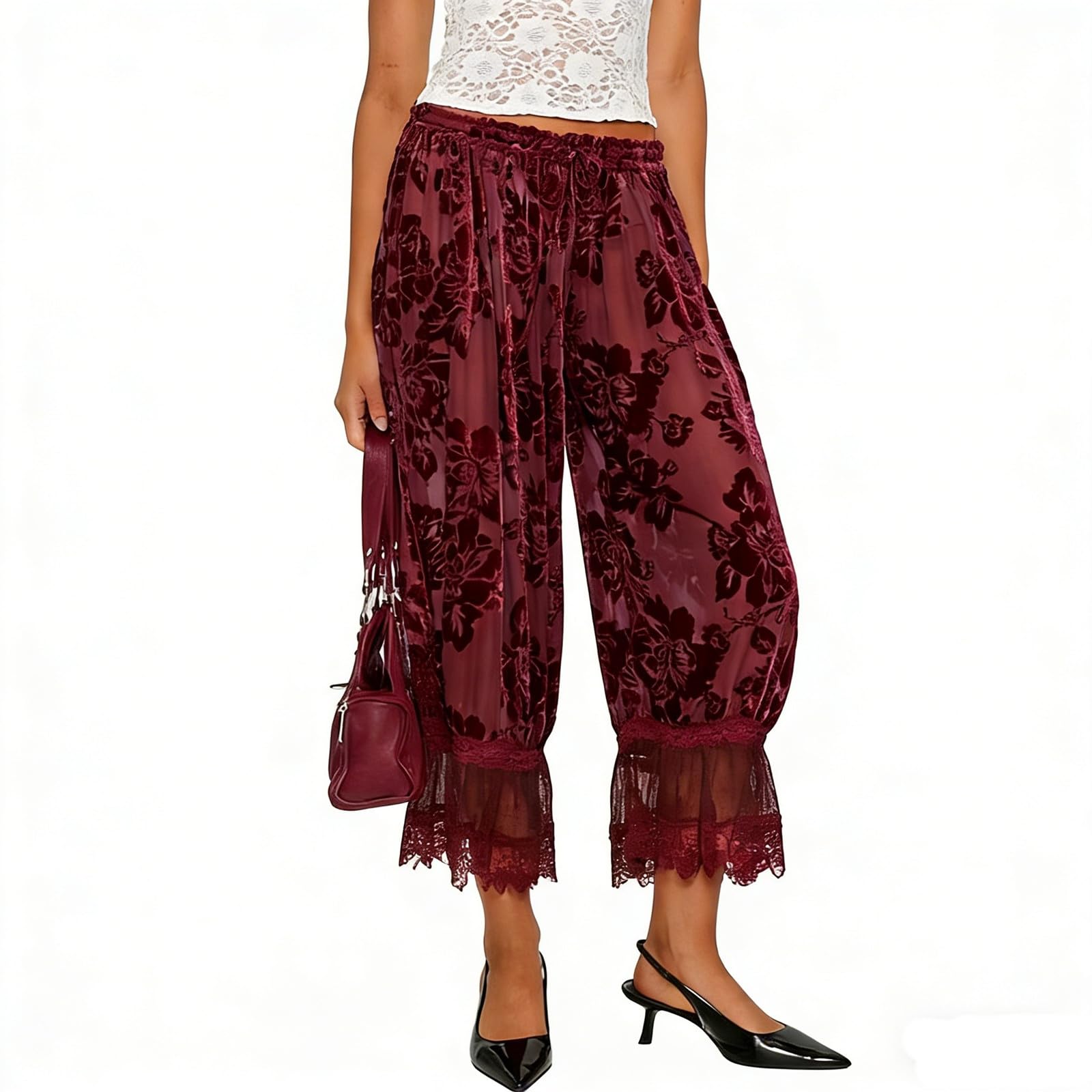 Women Lace Trim Long Bloomers Y2k Elastic Mid Rise Floral Ruffle Pantaloons Flared Slips Pants Pajama Bottoms (Fuchsia, L)