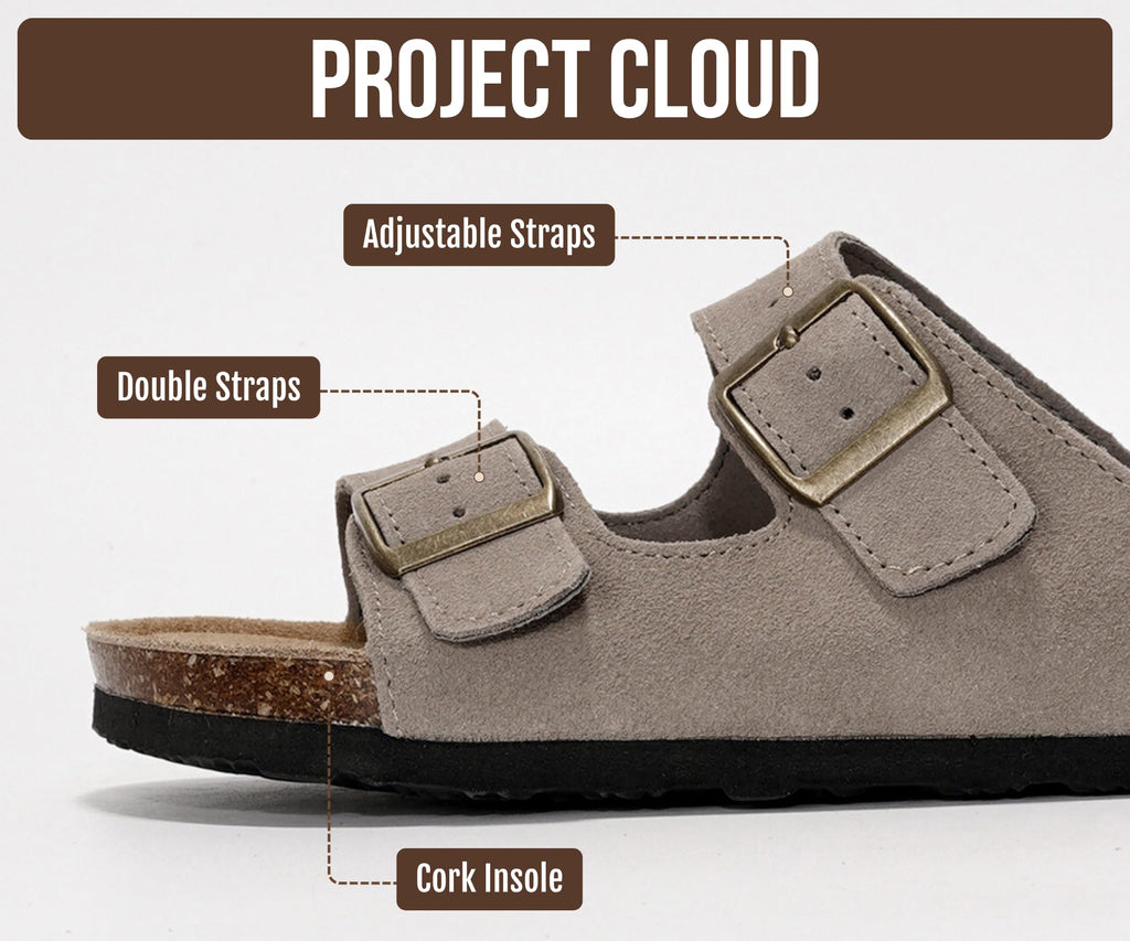 Project Cloud 100% Genuine Leather Flat Sandals For Women 2026 Cork Footbed Womens Sandals with Memory Foam and arch support Vacation Essentials Slides for Women Footwear (Venita, greysu, 11)