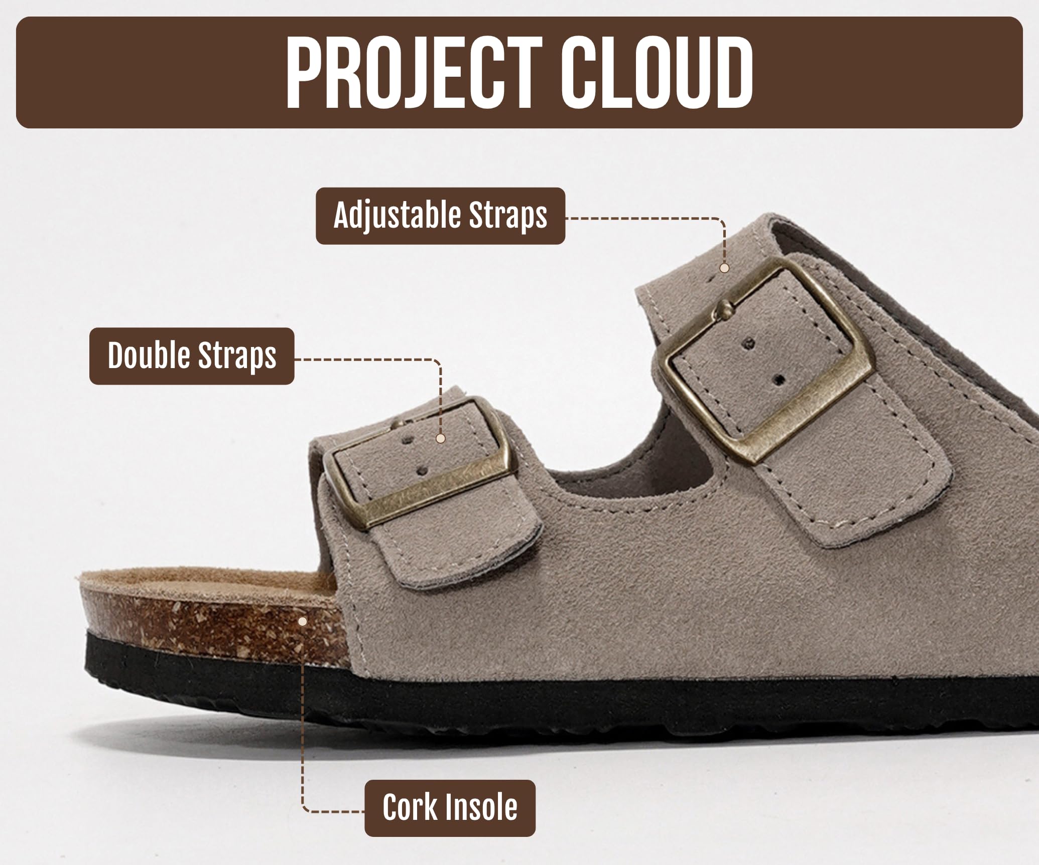 Project Cloud 100% Genuine Leather Flat Sandals For Women 2026 Cork Footbed Womens Sandals with Memory Foam and arch support Vacation Essentials Slides for Women Footwear (Venita, greysu, 11)