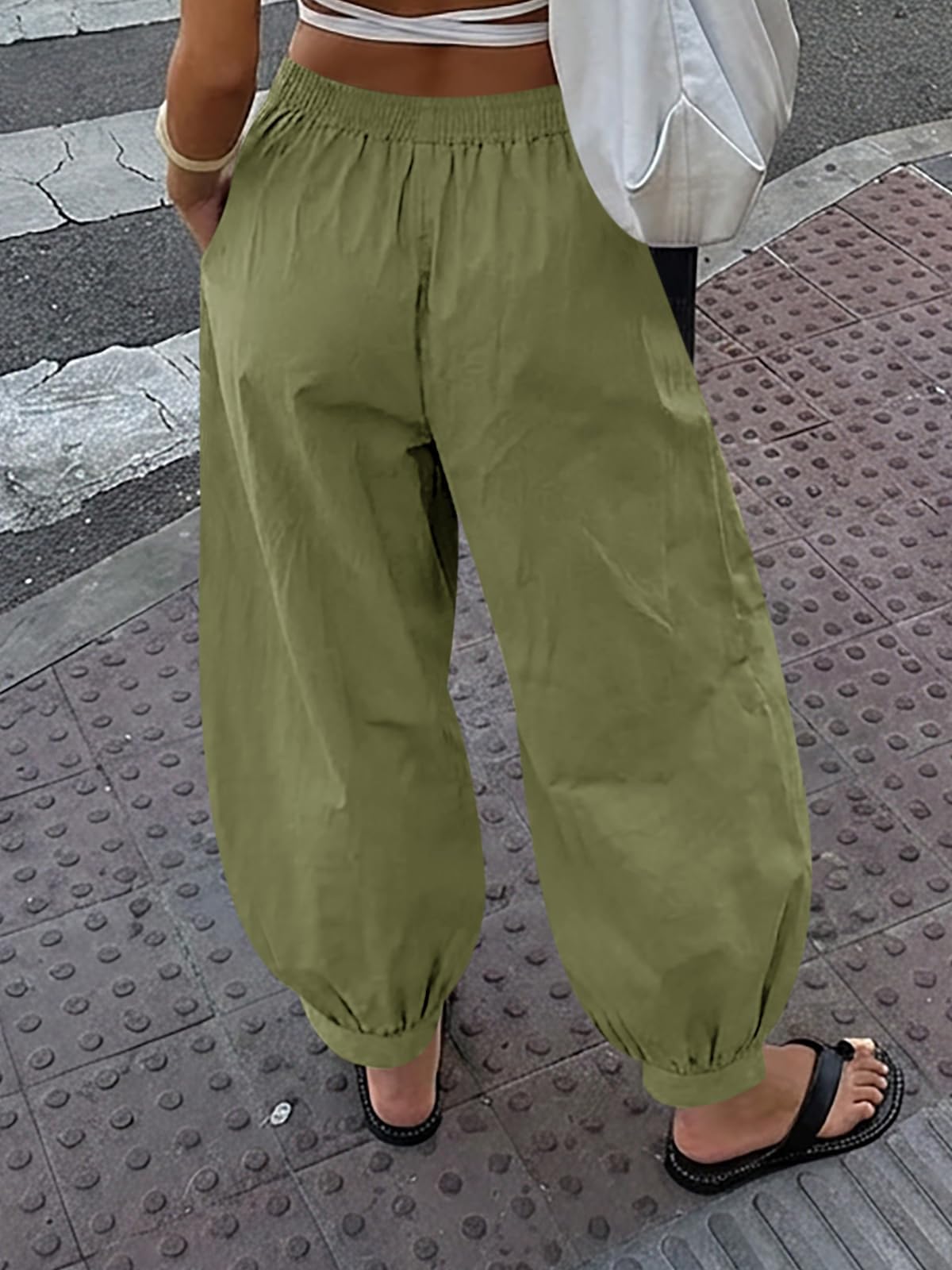 Cicy Bell Womens Baggy Pleated Harem Pants Summer Elastic High Waisted Wide Leg Balloon Cotton Lounge Pants Army Green