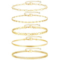 iF YOU Gold Ankle Bracelets for Women, 14k Gold Plated Waterproof Cuban Link Chain Anklets Set, Layered Anklet Bracelets for Women Beach Gift Adjustable Size 5pc