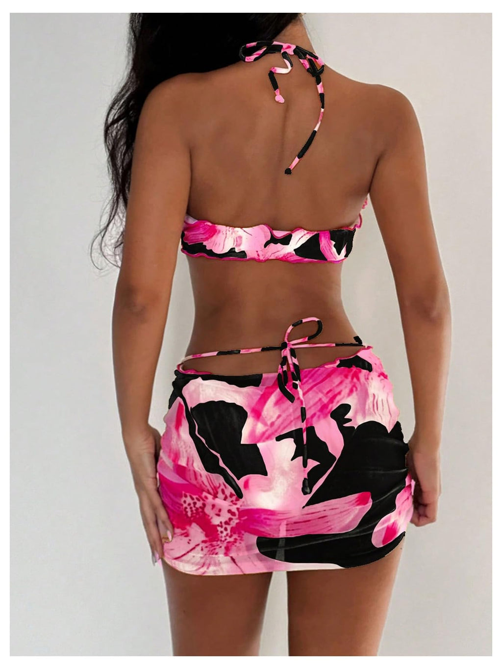 SOLY HUX Women's 3 Piece Swimsuit Floral Halter Bikini Set Beach Vacation Bathing Suit with Drawstring Cover Up Skirt Black Floral X-Small