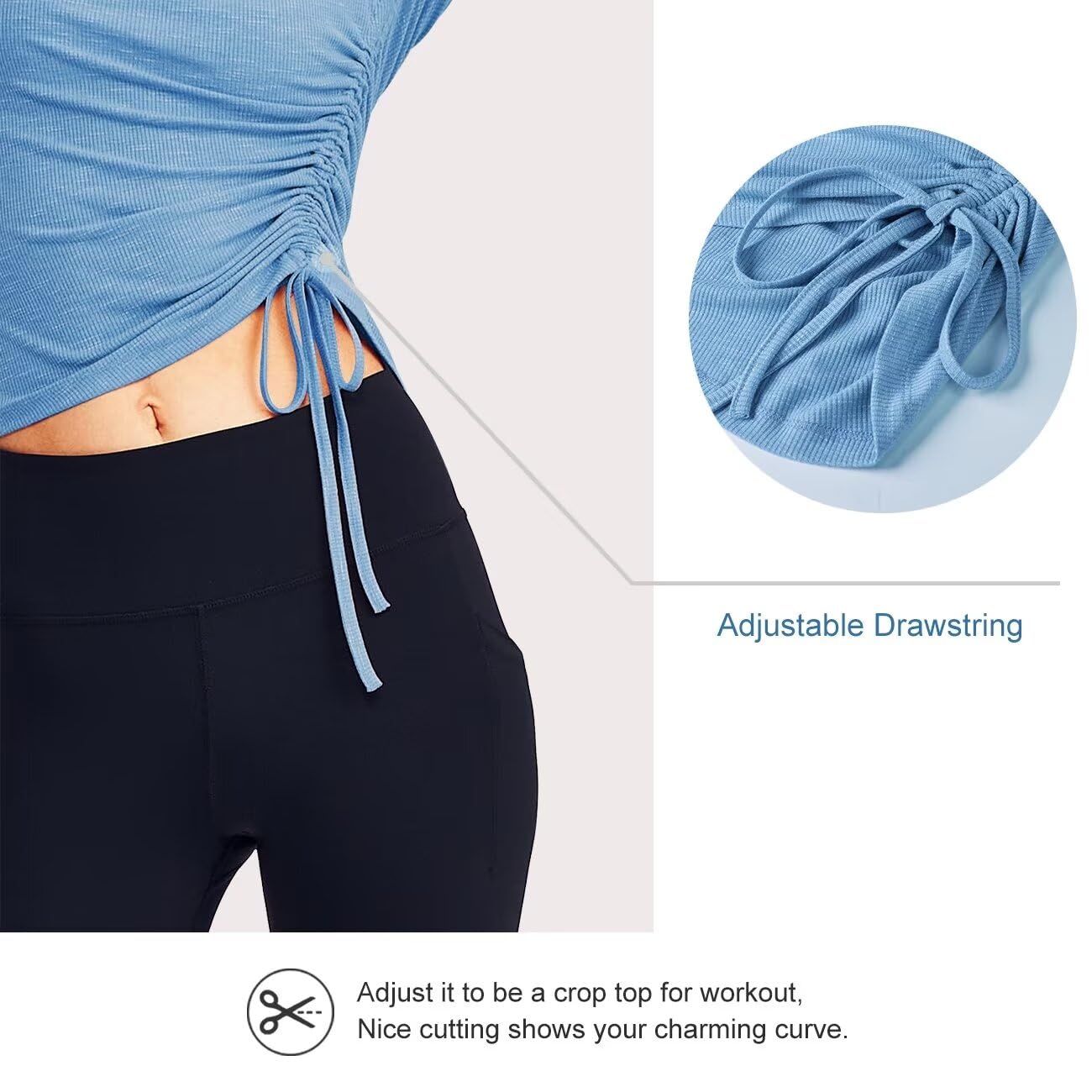 Long Sleeve Workout Tops for Women Side Ruched(Blue,L)