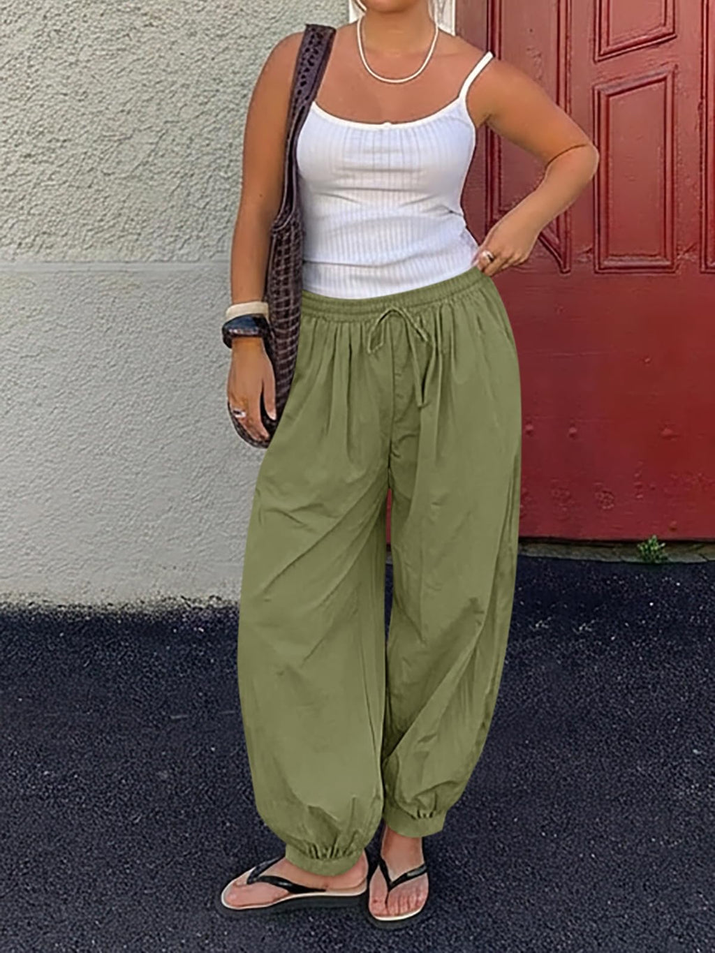 Cicy Bell Womens Baggy Pleated Harem Pants Summer Elastic High Waisted Wide Leg Balloon Cotton Lounge Pants Army Green