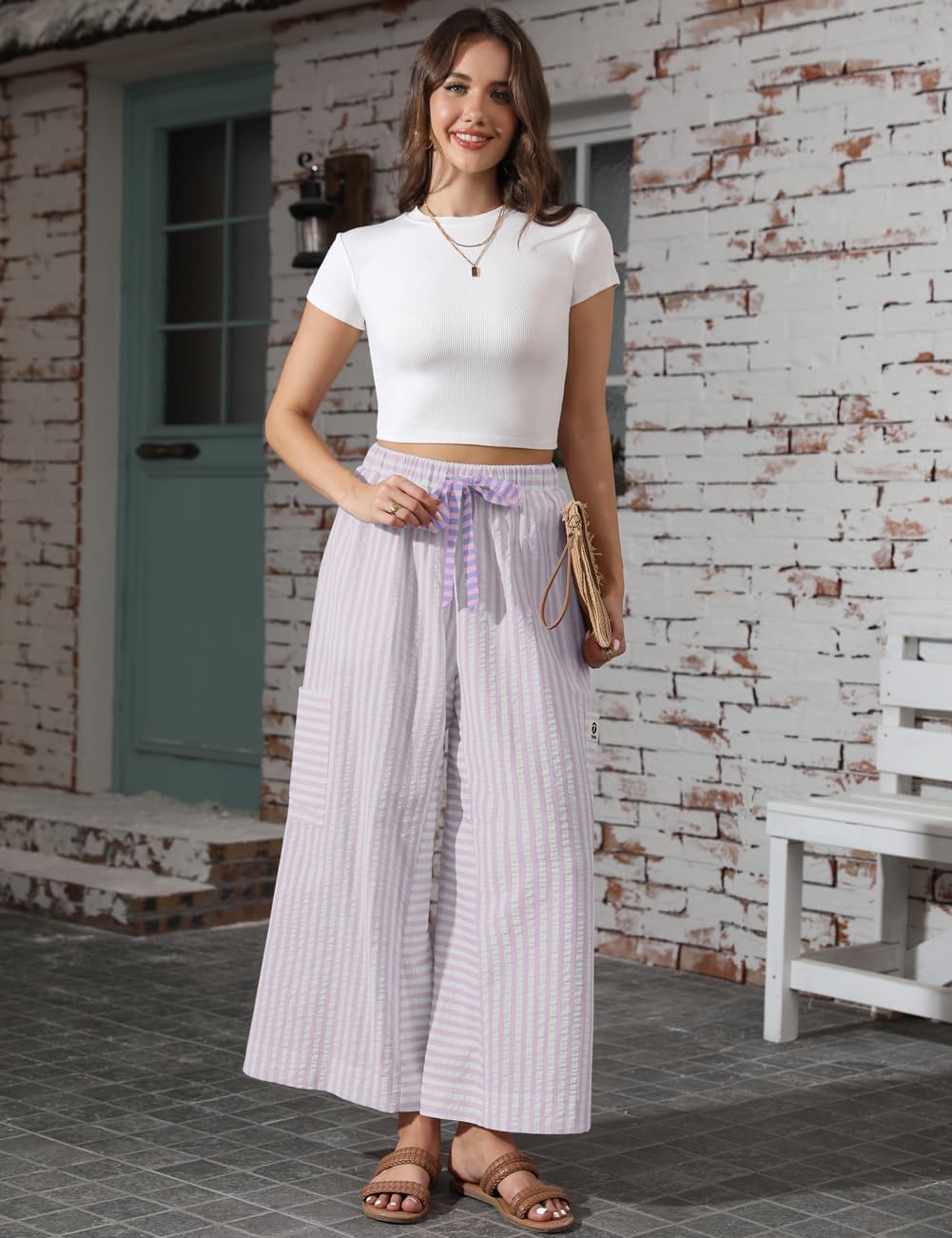 TARSE Women's Wide Leg Pants Drawstring Striped Palazzo Trousers Casual Loose Boho Lounge Pants with Pockets(PinkWhite, S)