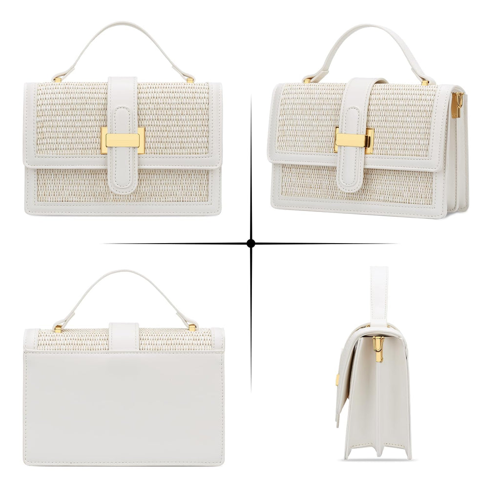 KKXIU Top Handle Straw Purse for Women, Summer Straw Crossbody Bag, Handbag Shoulder Clutch Beach Vacation Bag (A-White)