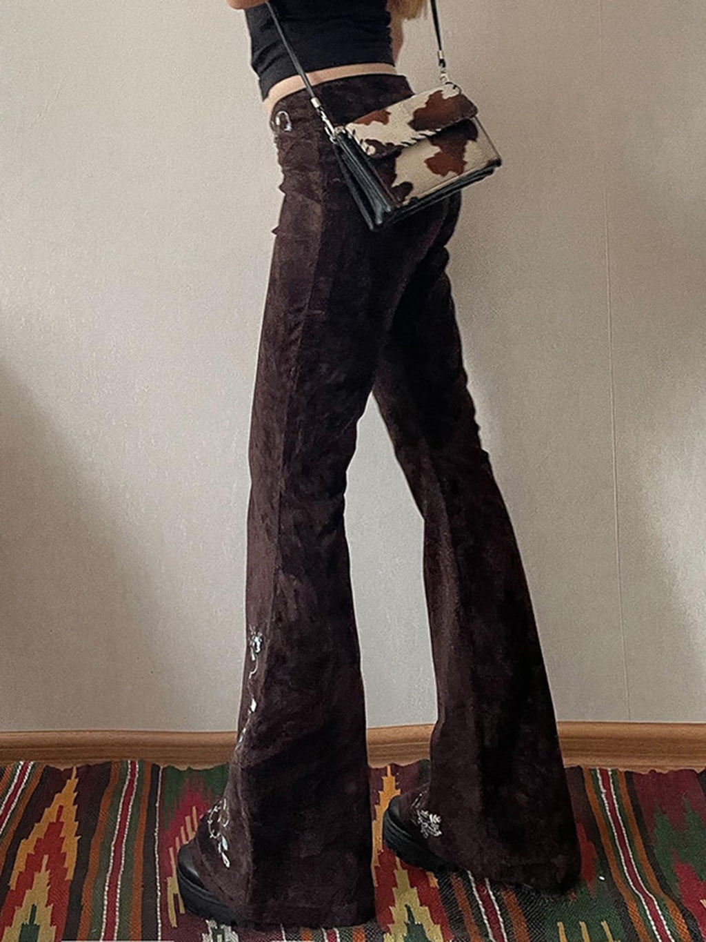 Women Bell Bottom Jeans Stretchy Flare Mid Rise Embroidery Vintage Zipper Denim Pants 90s Outfits Y2k Clothes Brown