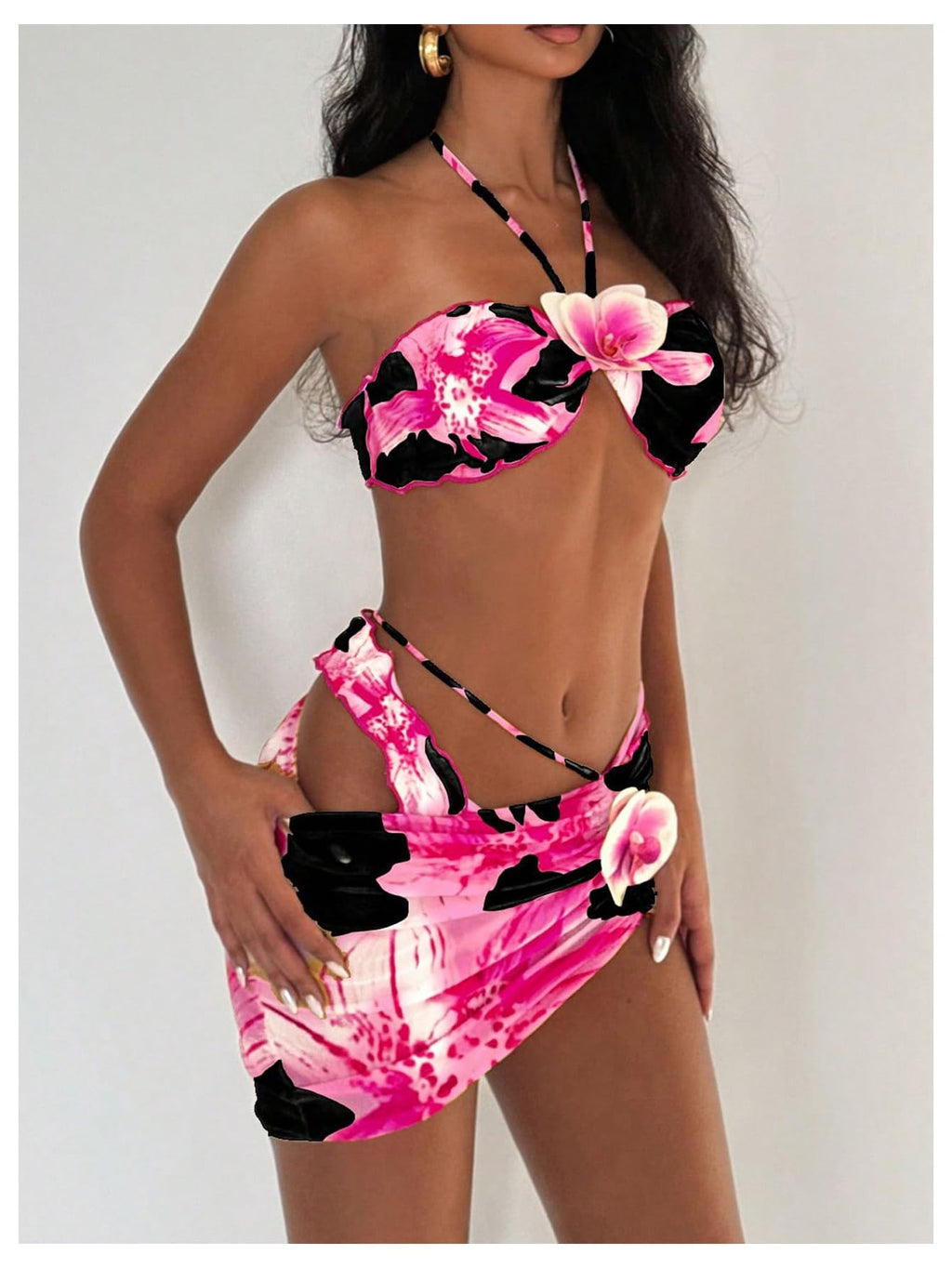 SOLY HUX Women's 3 Piece Swimsuit Floral Halter Bikini Set Beach Vacation Bathing Suit with Drawstring Cover Up Skirt Black Floral X-Small