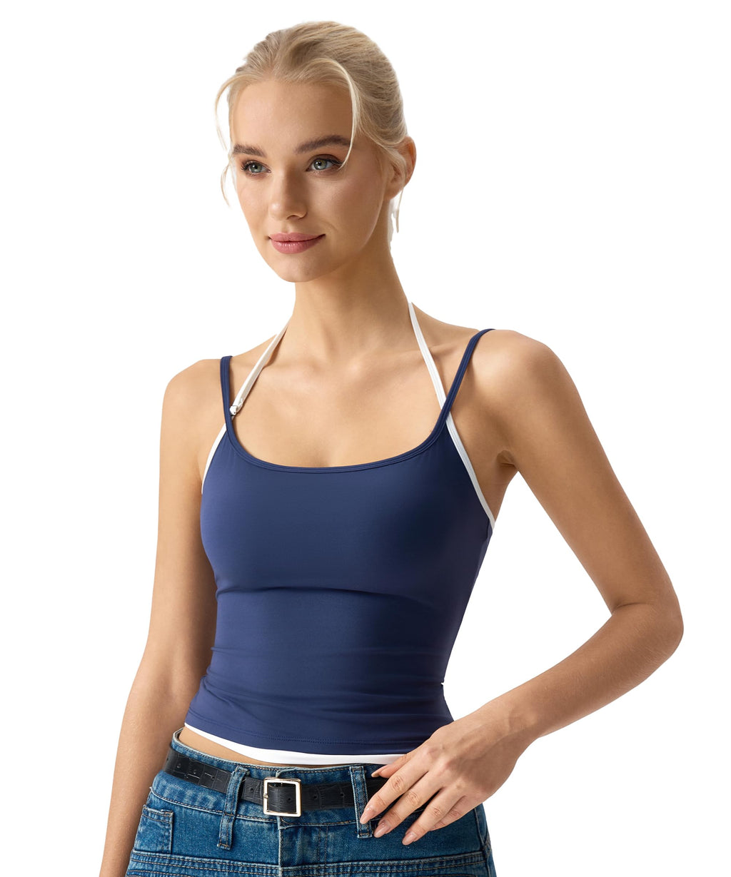 QINSEN Women's Spaghetti Strap Tank Top Slim Fitting Layered Halter Neck Sleeveless Cami Shirt Navy Blue XS