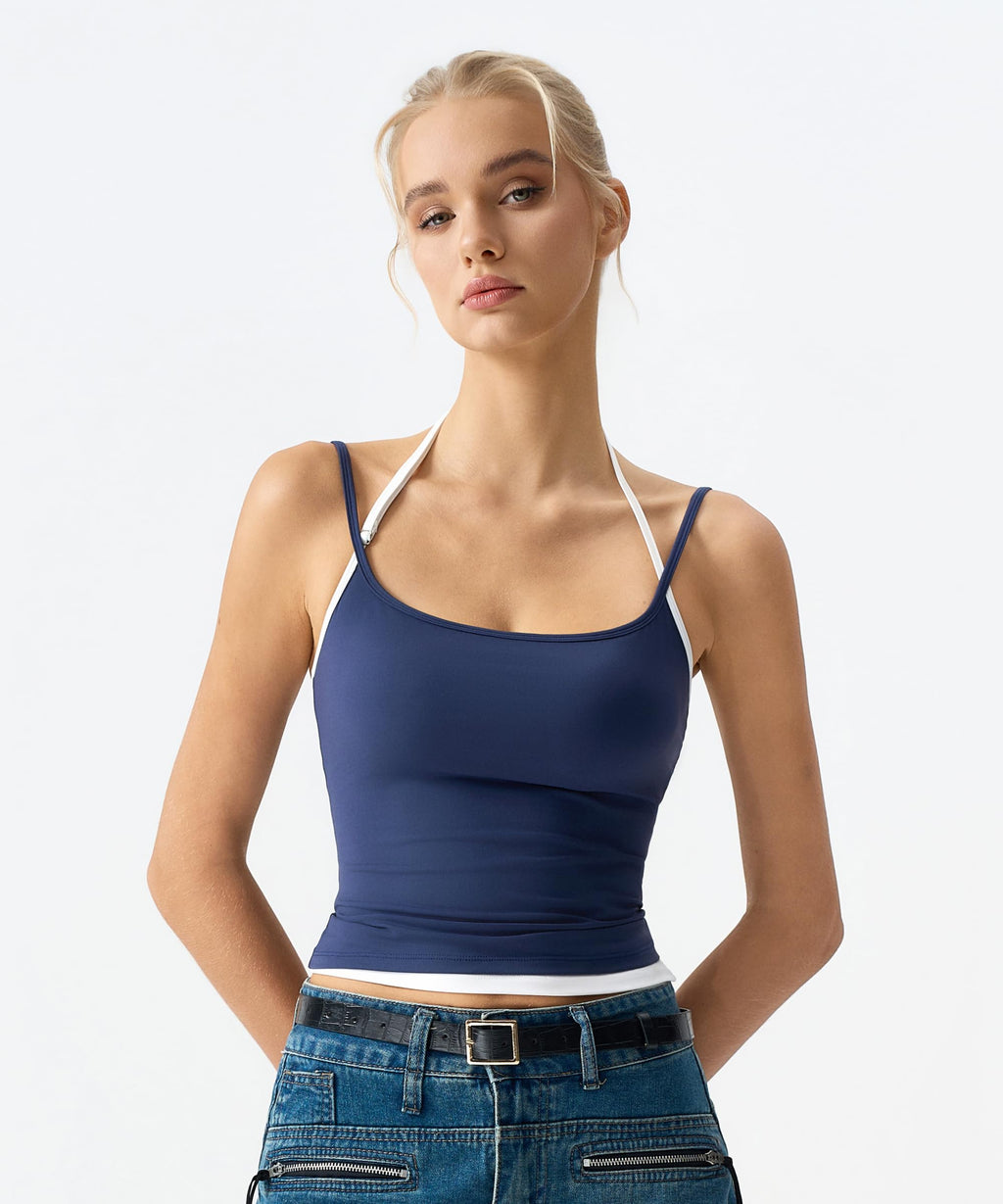 QINSEN Women's Spaghetti Strap Tank Top Slim Fitting Layered Halter Neck Sleeveless Cami Shirt Navy Blue XS