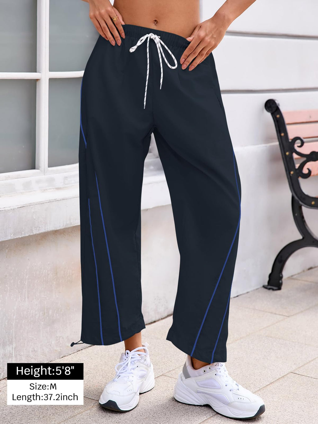 Fisoew Womens Baggy Wide Leg Pants Casual Elastic Waist Drawstring Hiking Workout Cropped Track Pants with Pockets Navy