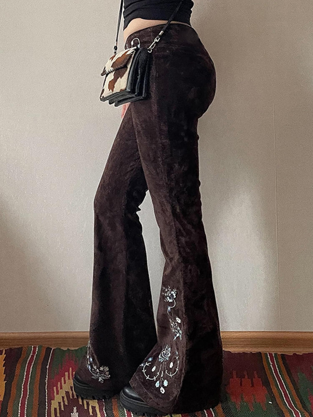 Women Bell Bottom Jeans Stretchy Flare Mid Rise Embroidery Vintage Zipper Denim Pants 90s Outfits Y2k Clothes Brown