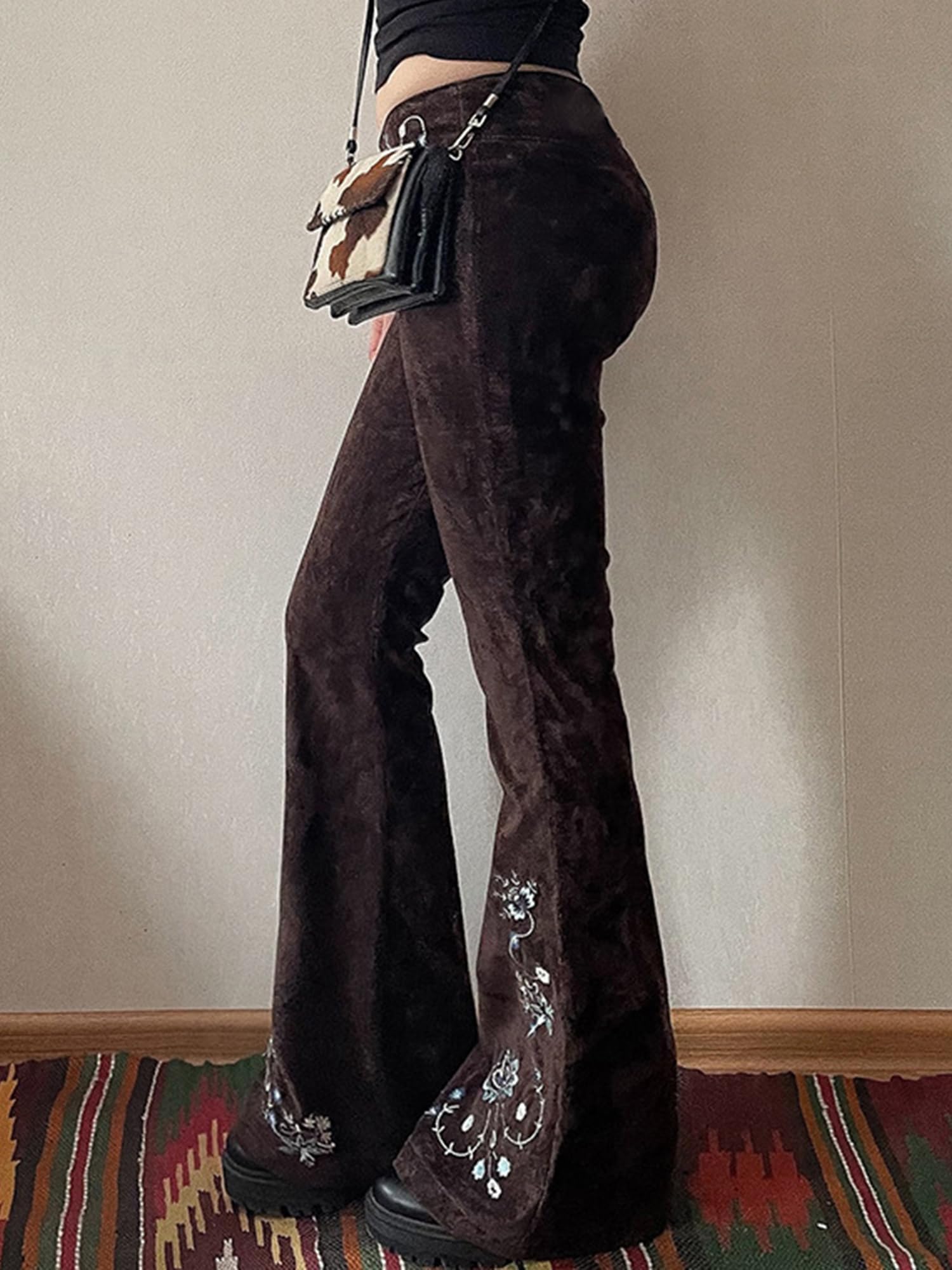 Women Bell Bottom Jeans Stretchy Flare Mid Rise Embroidery Vintage Zipper Denim Pants 90s Outfits Y2k Clothes Brown