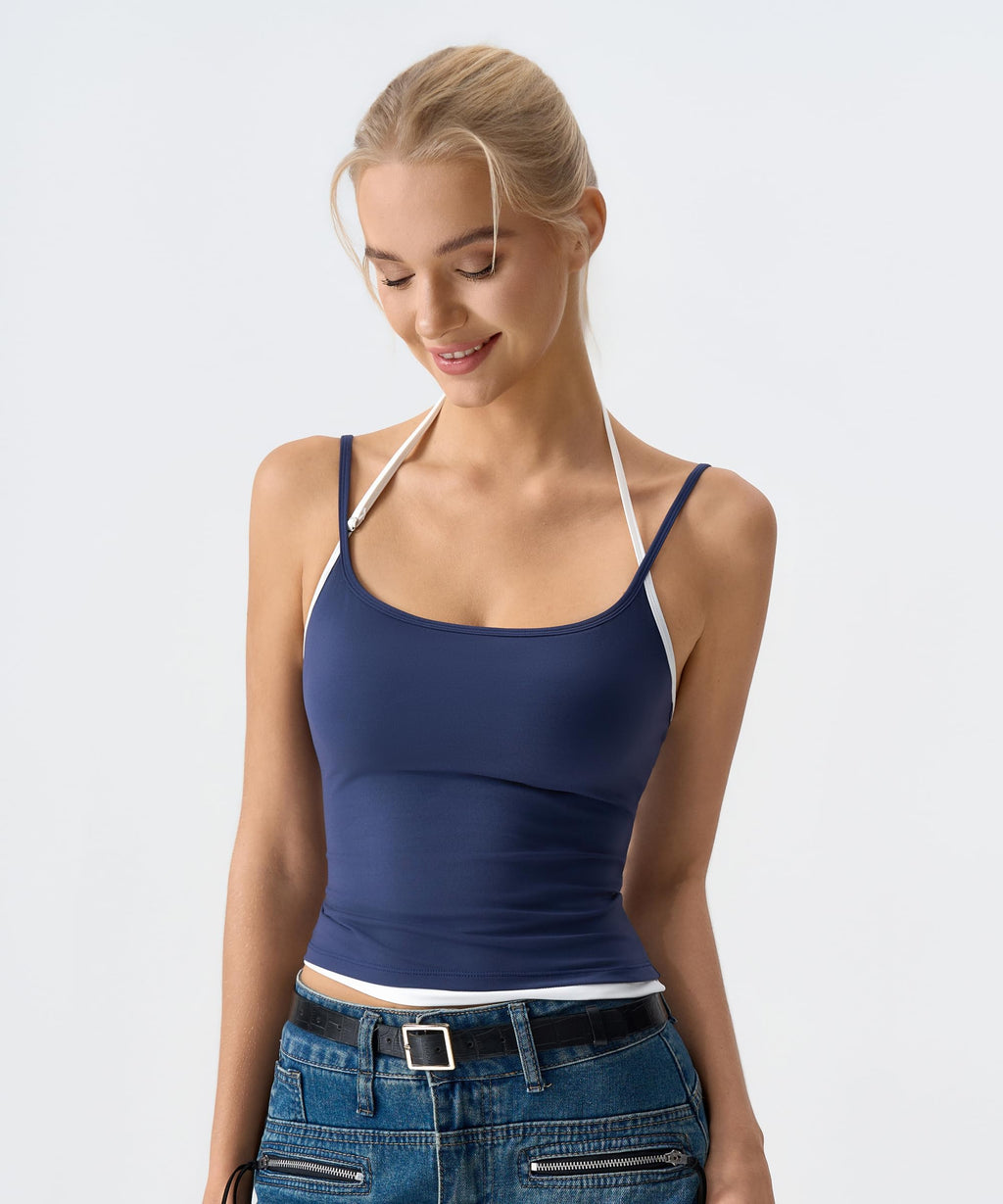QINSEN Women's Spaghetti Strap Tank Top Slim Fitting Layered Halter Neck Sleeveless Cami Shirt Navy Blue XS
