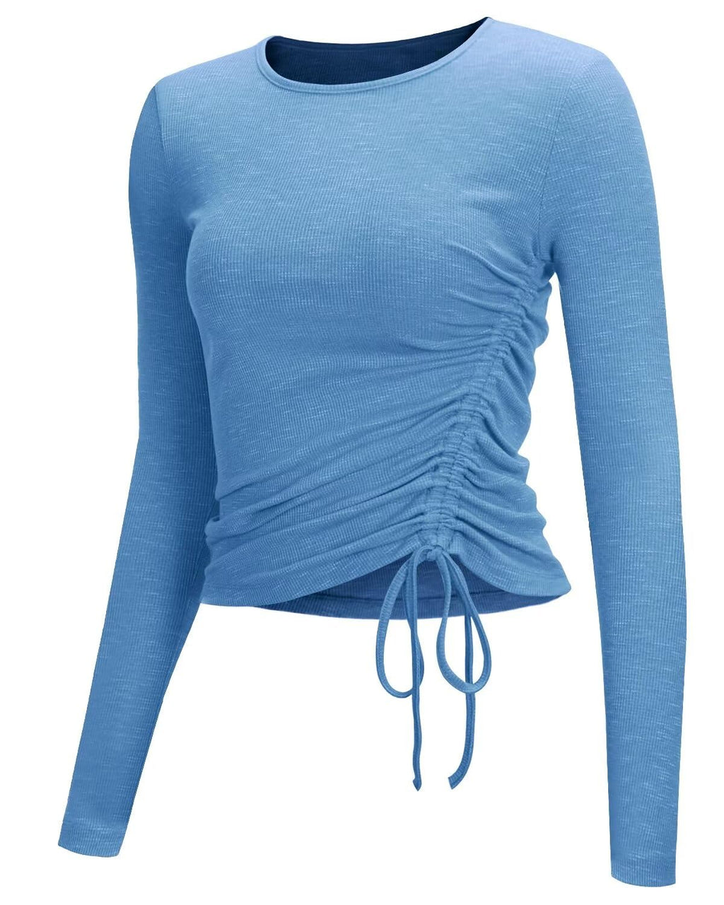 Long Sleeve Workout Tops for Women Side Ruched(Blue,L)