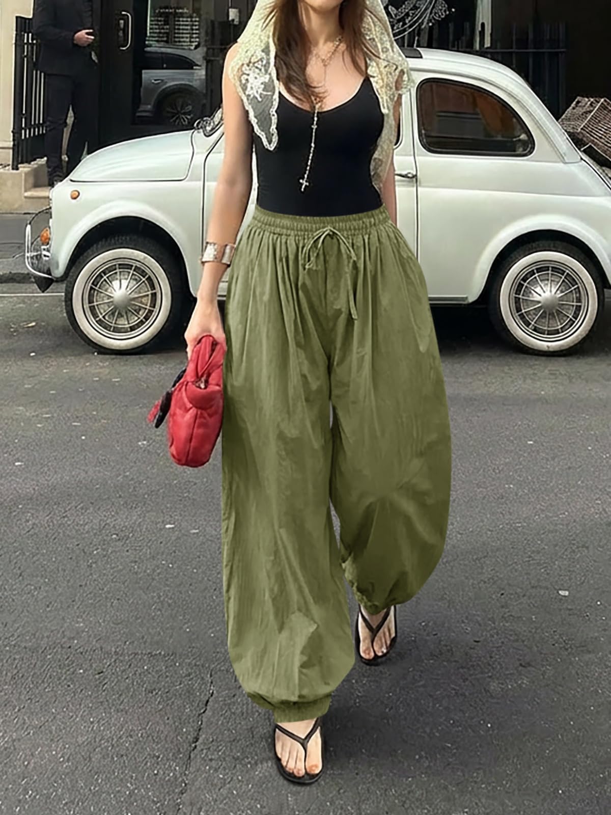 Cicy Bell Womens Baggy Pleated Harem Pants Summer Elastic High Waisted Wide Leg Balloon Cotton Lounge Pants Army Green