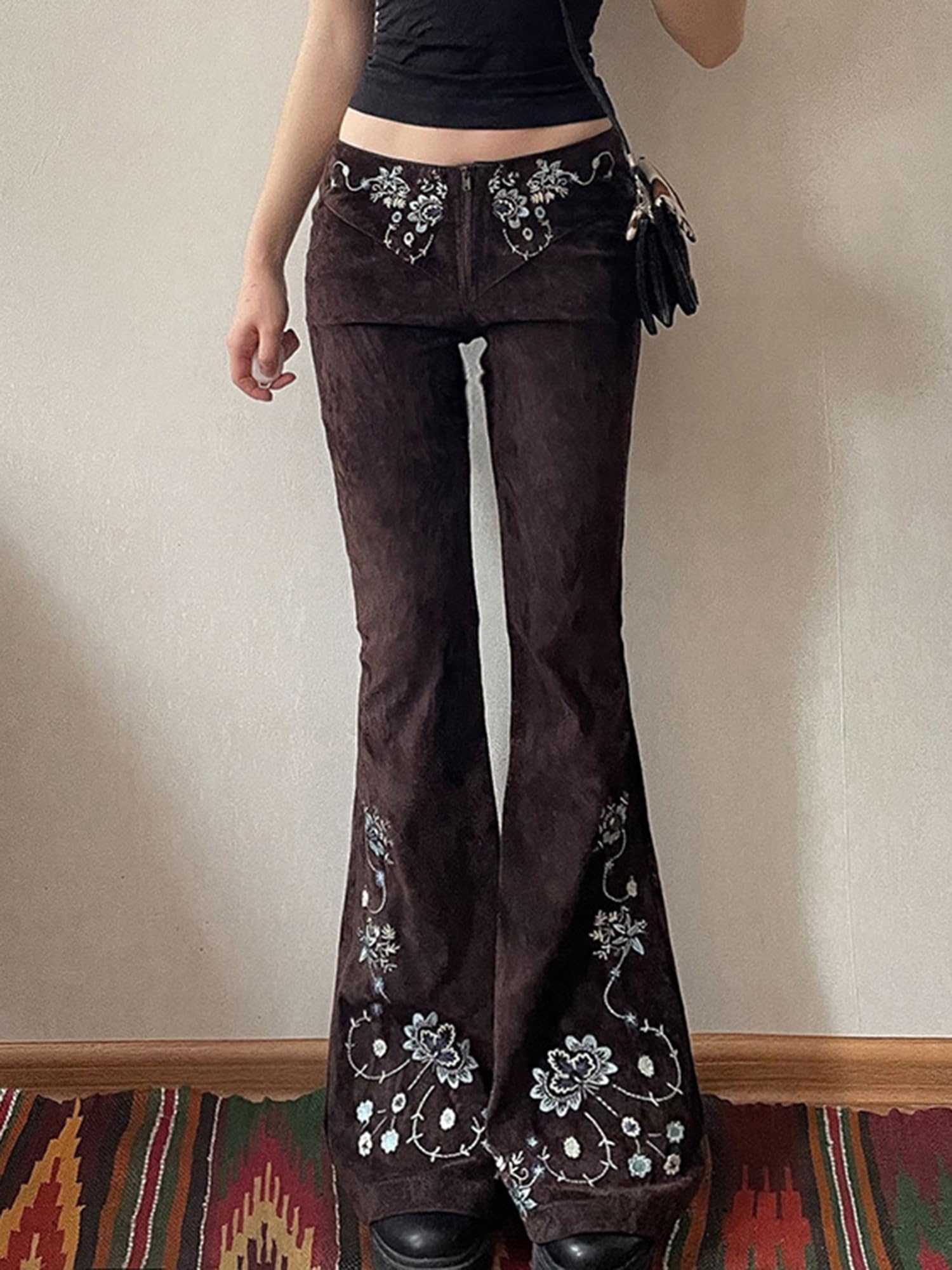 Women Bell Bottom Jeans Stretchy Flare Mid Rise Embroidery Vintage Zipper Denim Pants 90s Outfits Y2k Clothes Brown