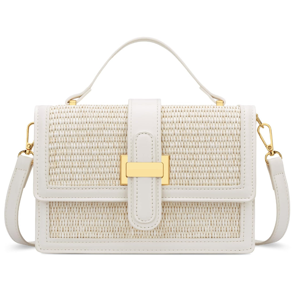 KKXIU Top Handle Straw Purse for Women, Summer Straw Crossbody Bag, Handbag Shoulder Clutch Beach Vacation Bag (A-White)