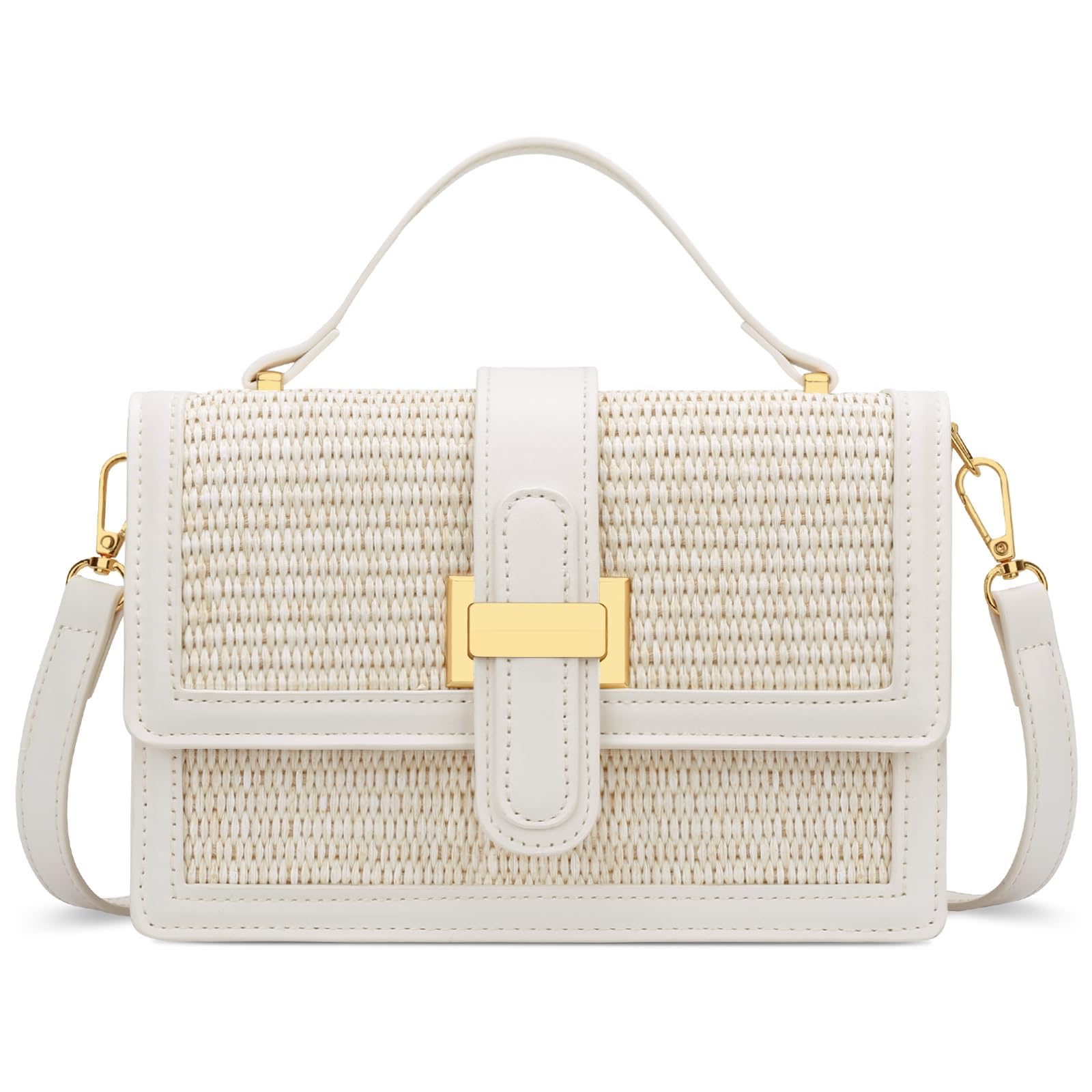 KKXIU Top Handle Straw Purse for Women, Summer Straw Crossbody Bag, Handbag Shoulder Clutch Beach Vacation Bag (A-White)