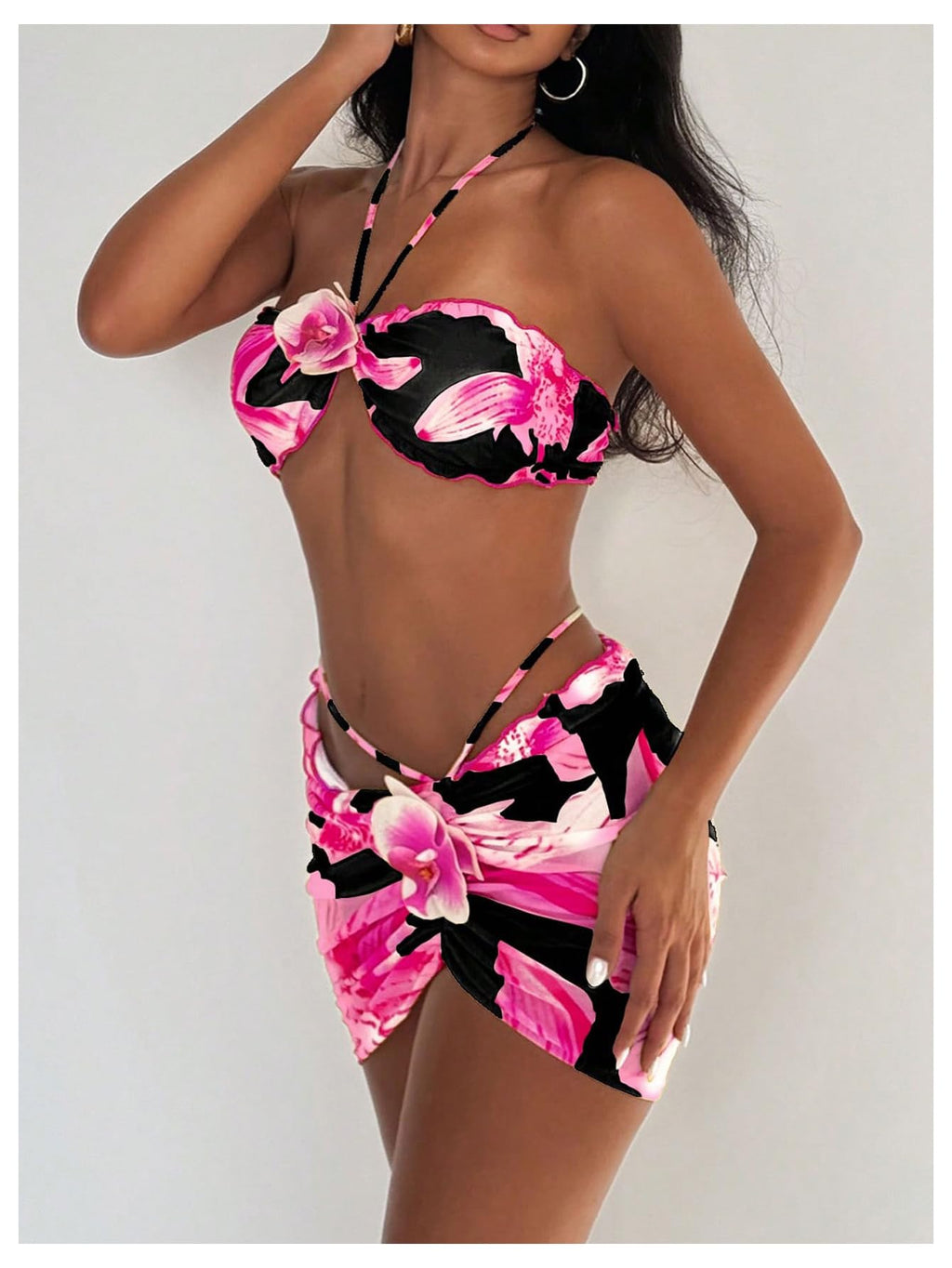 SOLY HUX Women's 3 Piece Swimsuit Floral Halter Bikini Set Beach Vacation Bathing Suit with Drawstring Cover Up Skirt Black Floral X-Small