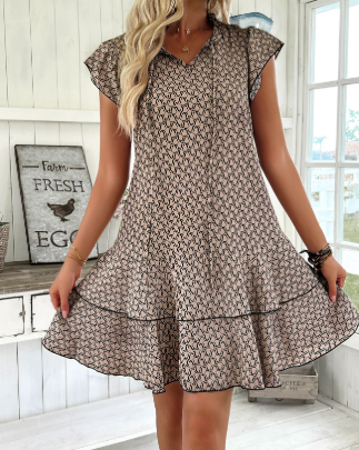Printed V-neck Dress with Lace-up and Flutter Sleeves