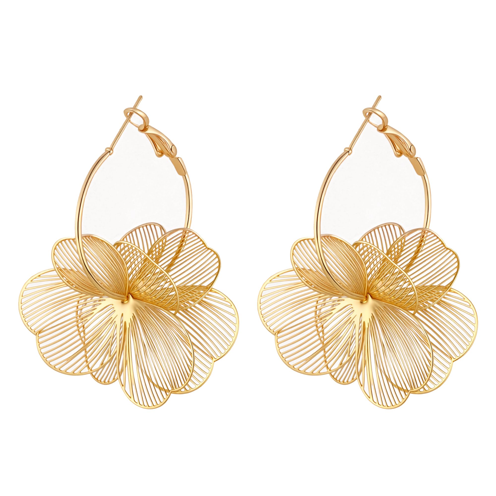 Dangle Flower Earrings for Women Statement Trendy Hoop Earring Floral Drop Earrings Jewelry (Gold)