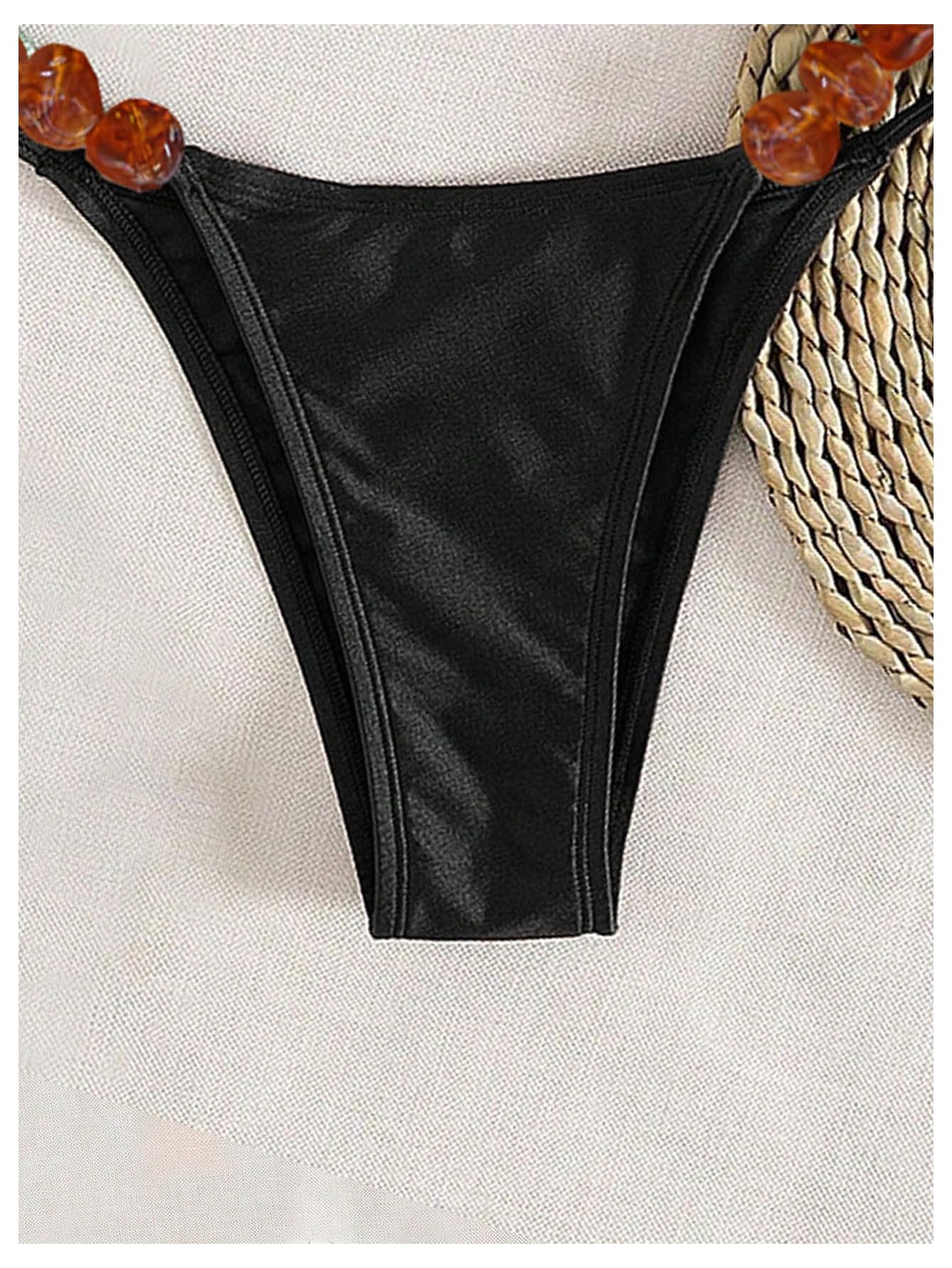 OYOANGLE Women's Triangle Thong Beaded Bikini Set 2 Piece String High Cut Swimsuits Bathing Suits Black X-Small