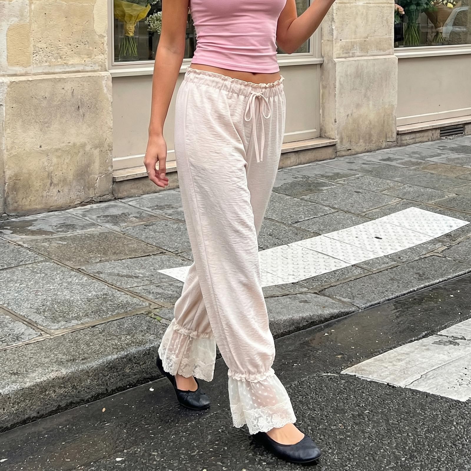 Women Bloomers Pants Y2K Flare Lace Trim Vintage Pantaloons Cute Ruffled Pumpkin Pants Capri Pajama Bottoms (APRICOT, L)