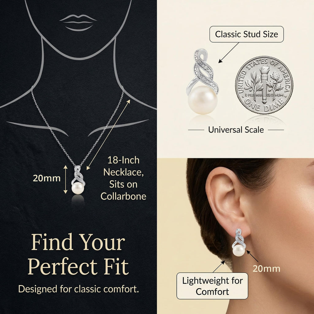 Real Diamond Sterling Silver Pearl Necklace and Earring Set | Hypoallergenic Real Cultured Freshwater Pearl Jewelry Set with 18 Inch Silver Chain | Diamond Bridal Bridesmaid Set for Women with Gift Box by MAX + STONE
