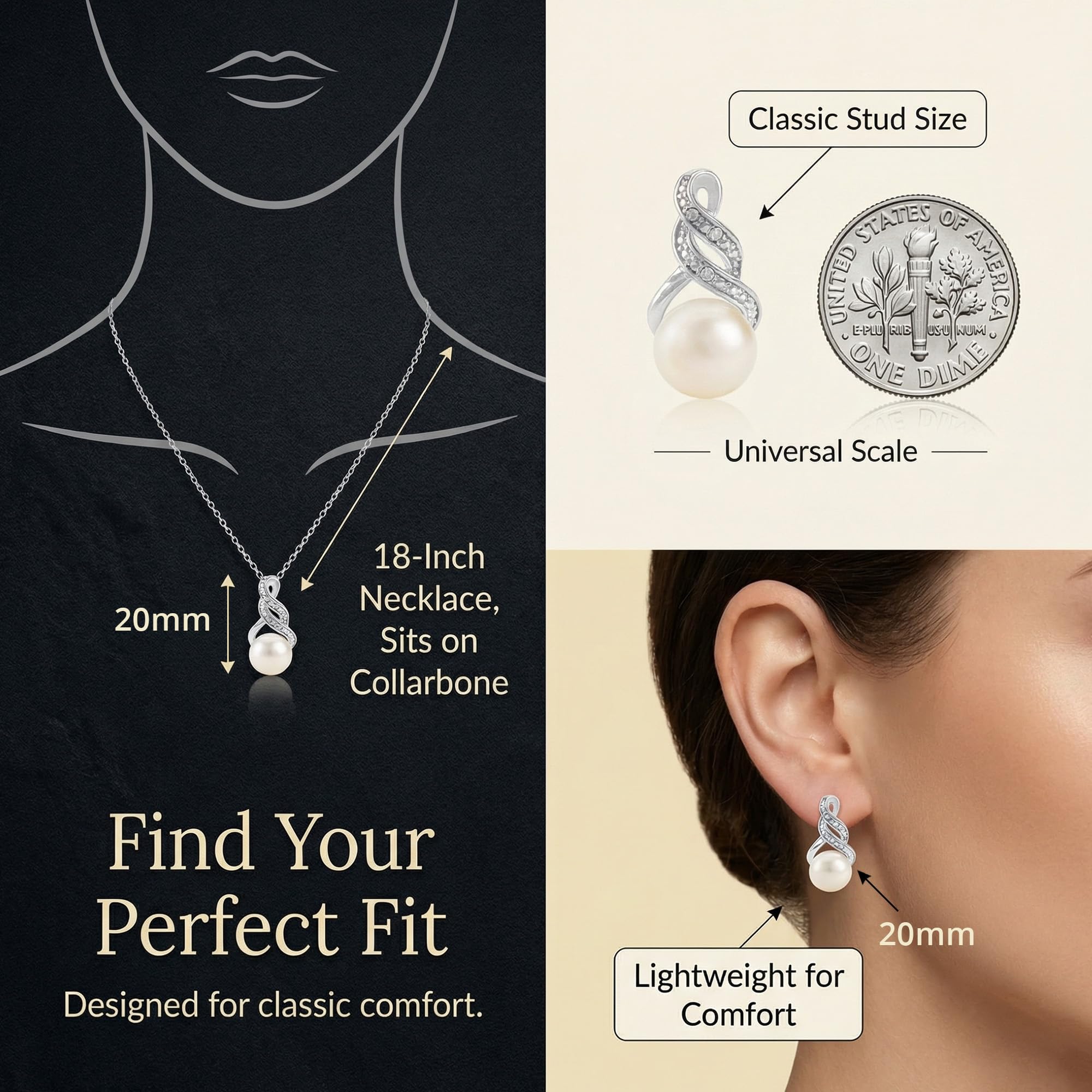 Real Diamond Sterling Silver Pearl Necklace and Earring Set | Hypoallergenic Real Cultured Freshwater Pearl Jewelry Set with 18 Inch Silver Chain | Diamond Bridal Bridesmaid Set for Women with Gift Box by MAX + STONE
