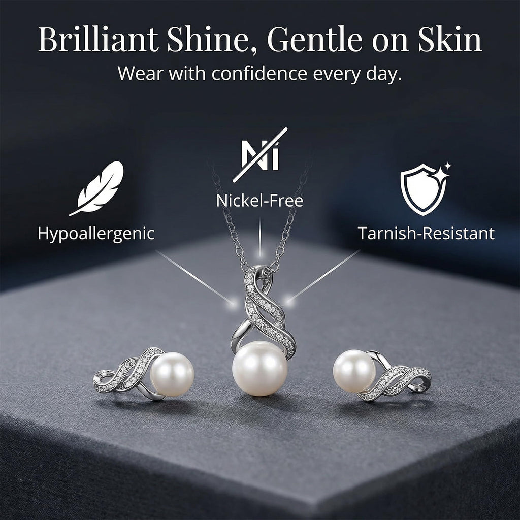 Real Diamond Sterling Silver Pearl Necklace and Earring Set | Hypoallergenic Real Cultured Freshwater Pearl Jewelry Set with 18 Inch Silver Chain | Diamond Bridal Bridesmaid Set for Women with Gift Box by MAX + STONE