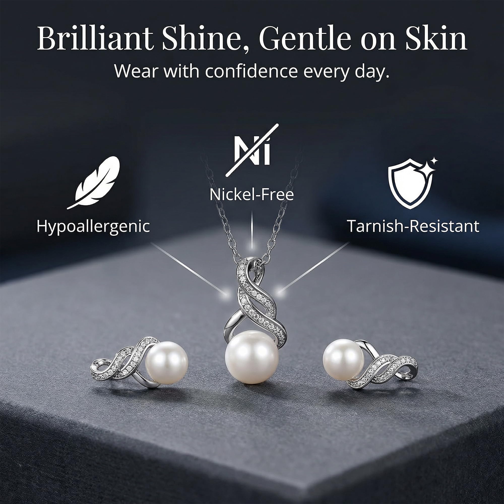 Real Diamond Sterling Silver Pearl Necklace and Earring Set | Hypoallergenic Real Cultured Freshwater Pearl Jewelry Set with 18 Inch Silver Chain | Diamond Bridal Bridesmaid Set for Women with Gift Box by MAX + STONE