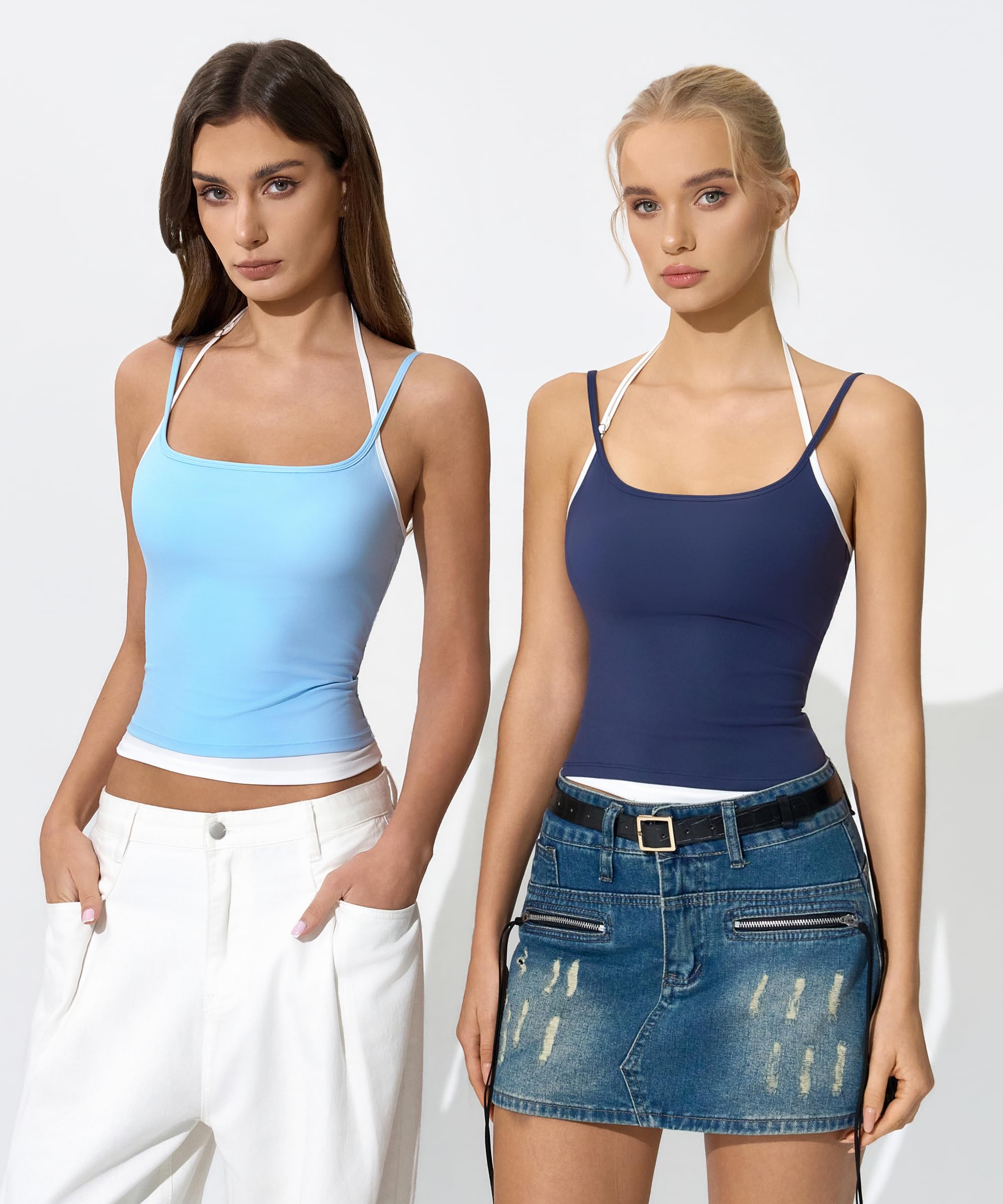 QINSEN Women's Spaghetti Strap Tank Top Slim Fitting Layered Halter Neck Sleeveless Cami Shirt Navy Blue XS