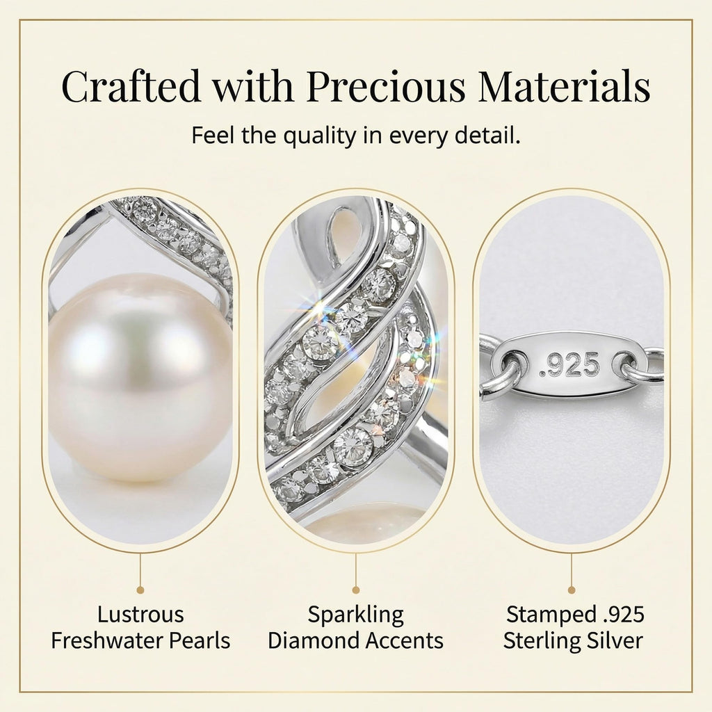 Real Diamond Sterling Silver Pearl Necklace and Earring Set | Hypoallergenic Real Cultured Freshwater Pearl Jewelry Set with 18 Inch Silver Chain | Diamond Bridal Bridesmaid Set for Women with Gift Box by MAX + STONE