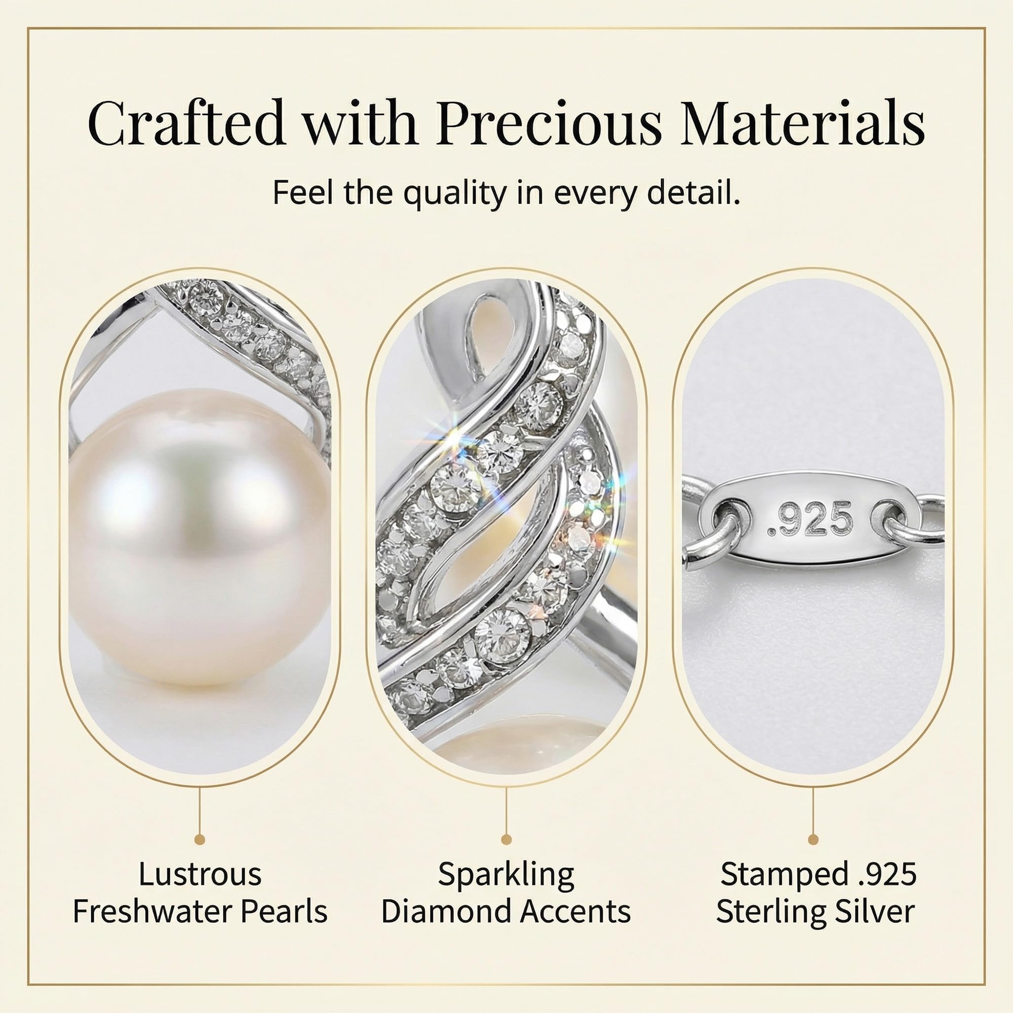 Real Diamond Sterling Silver Pearl Necklace and Earring Set | Hypoallergenic Real Cultured Freshwater Pearl Jewelry Set with 18 Inch Silver Chain | Diamond Bridal Bridesmaid Set for Women with Gift Box by MAX + STONE