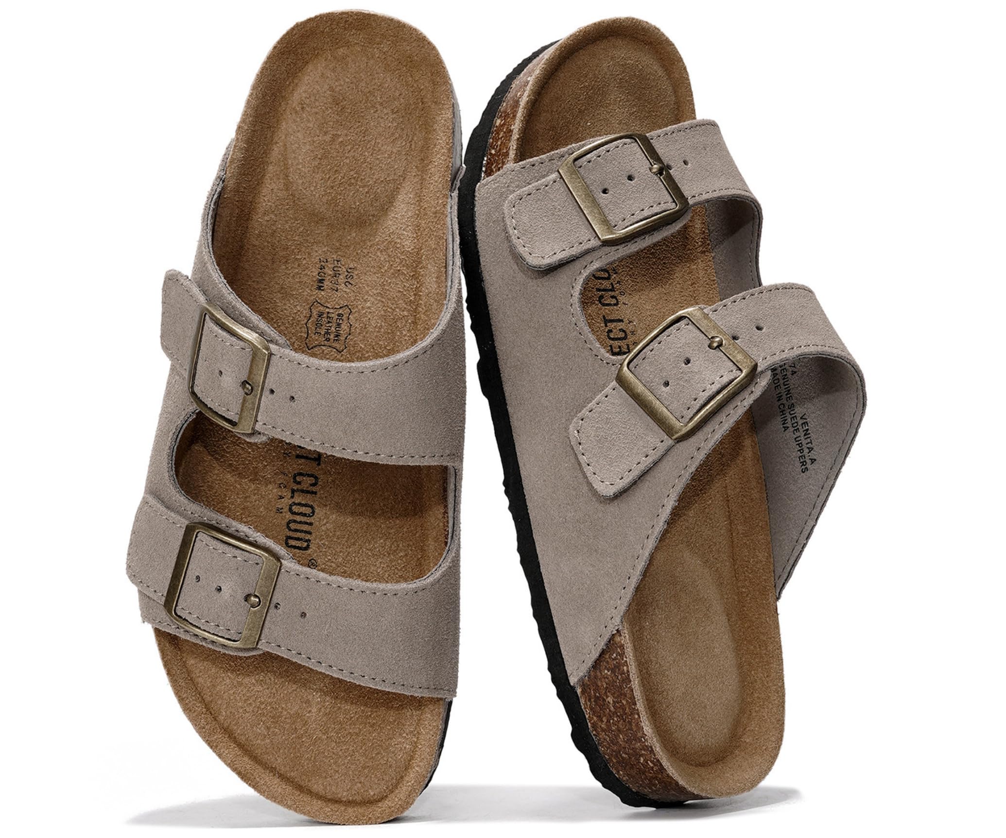 Project Cloud 100% Genuine Leather Flat Sandals For Women 2026 Cork Footbed Womens Sandals with Memory Foam and arch support Vacation Essentials Slides for Women Footwear (Venita, greysu, 11)