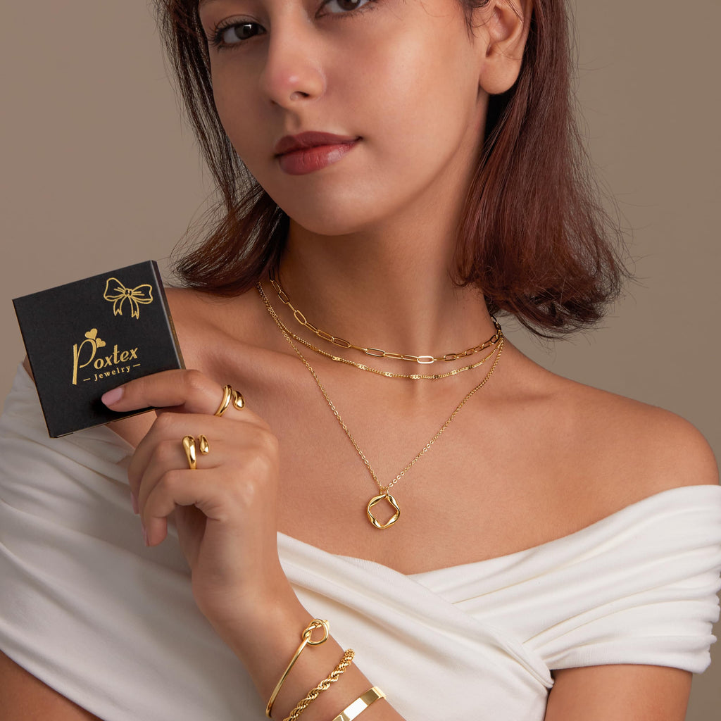 Layered Gold Necklaces for Women,14k Gold Plated Dainty Stackable Choker Necklaces for Women Trendy Layering Geometric Pendant Paperclip Dot Chain Necklace Set Jewelry Set Gifts