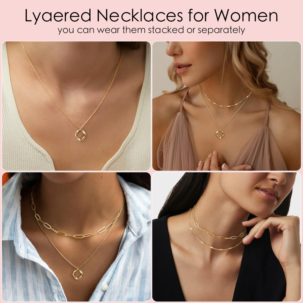 Layered Gold Necklaces for Women,14k Gold Plated Dainty Stackable Choker Necklaces for Women Trendy Layering Geometric Pendant Paperclip Dot Chain Necklace Set Jewelry Set Gifts