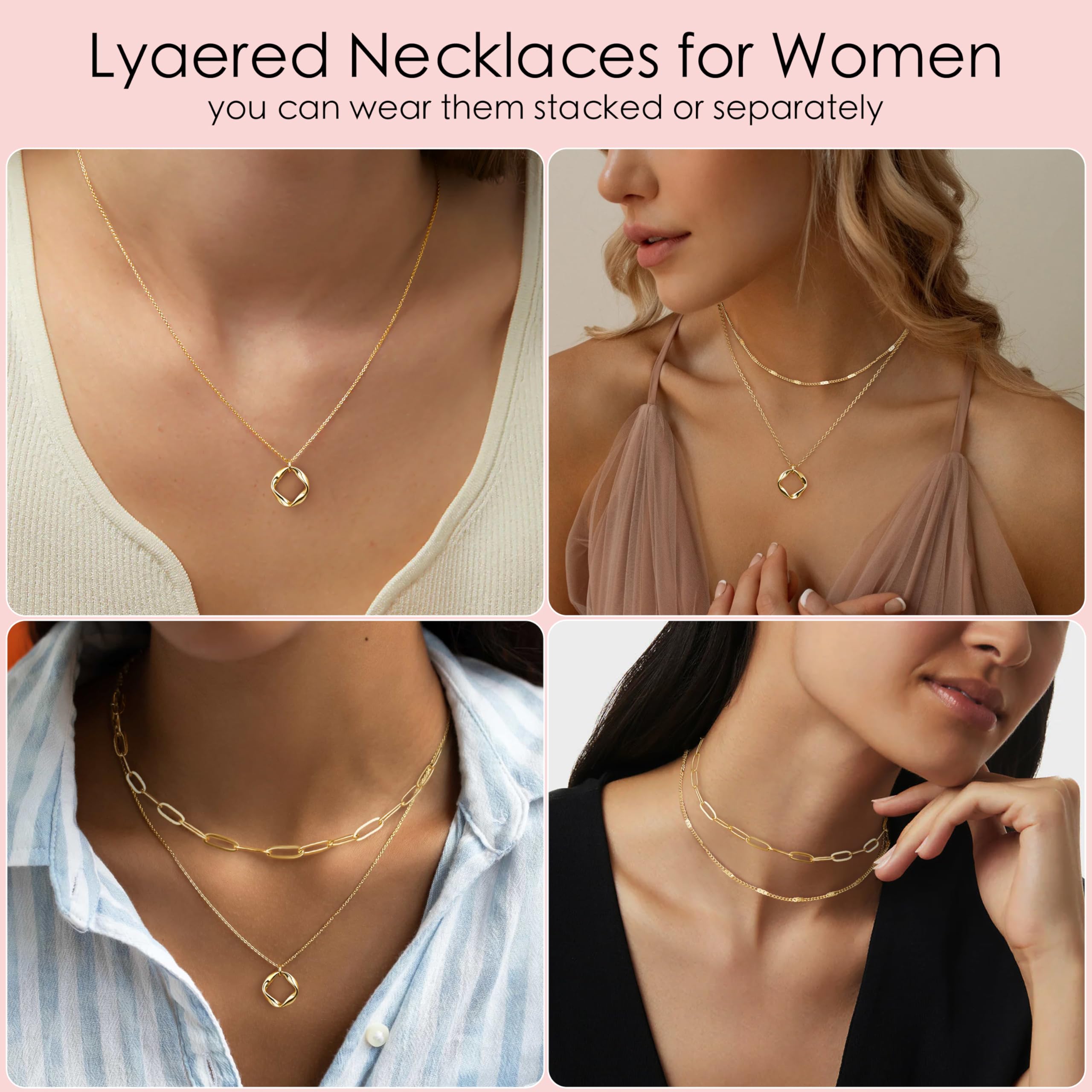 Layered Gold Necklaces for Women,14k Gold Plated Dainty Stackable Choker Necklaces for Women Trendy Layering Geometric Pendant Paperclip Dot Chain Necklace Set Jewelry Set Gifts